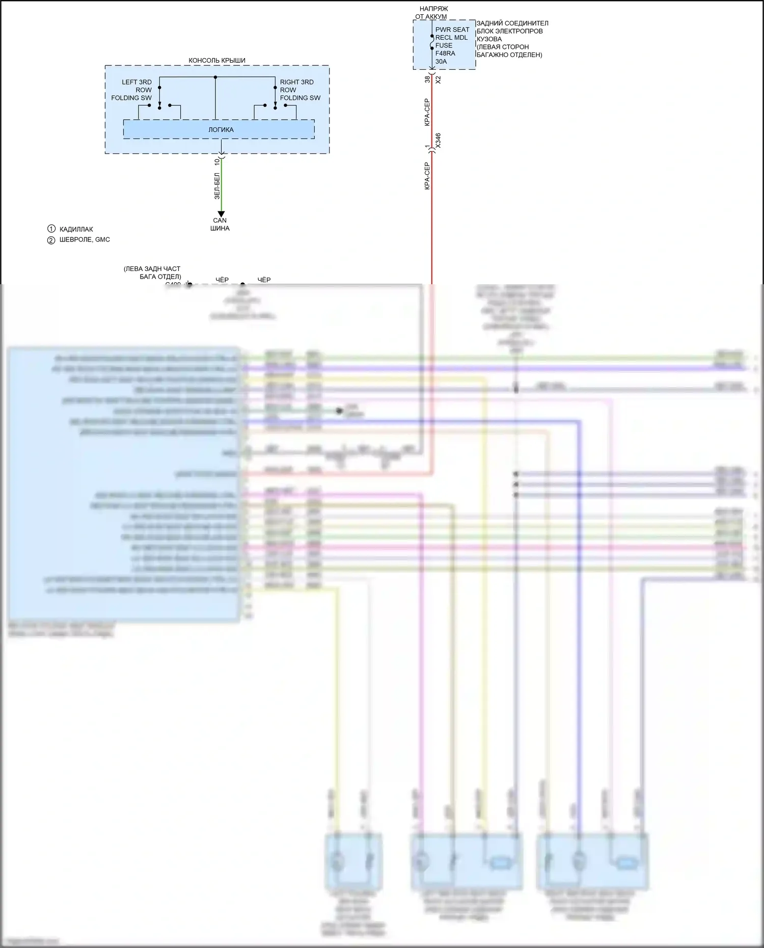 Escalade-V Cadillac GMT 1XX (2022-2024): Электросхема заднего откидного сиденья, сиденья третьего ряда (1 из 2) 