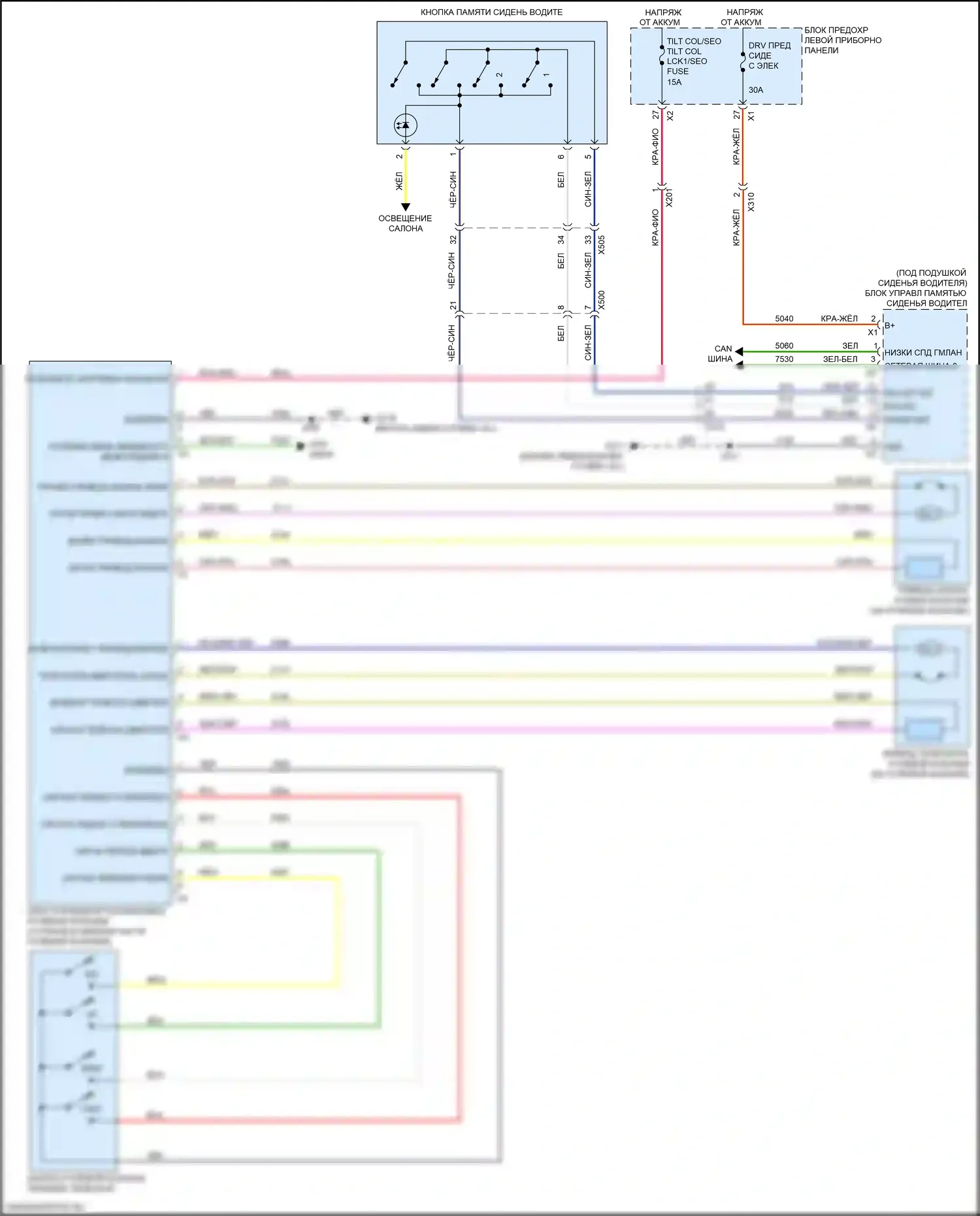 Escalade Cadillac GMT K2 (2014-2020): Электросхема наклона питания памяти и телескопического подключения питания 