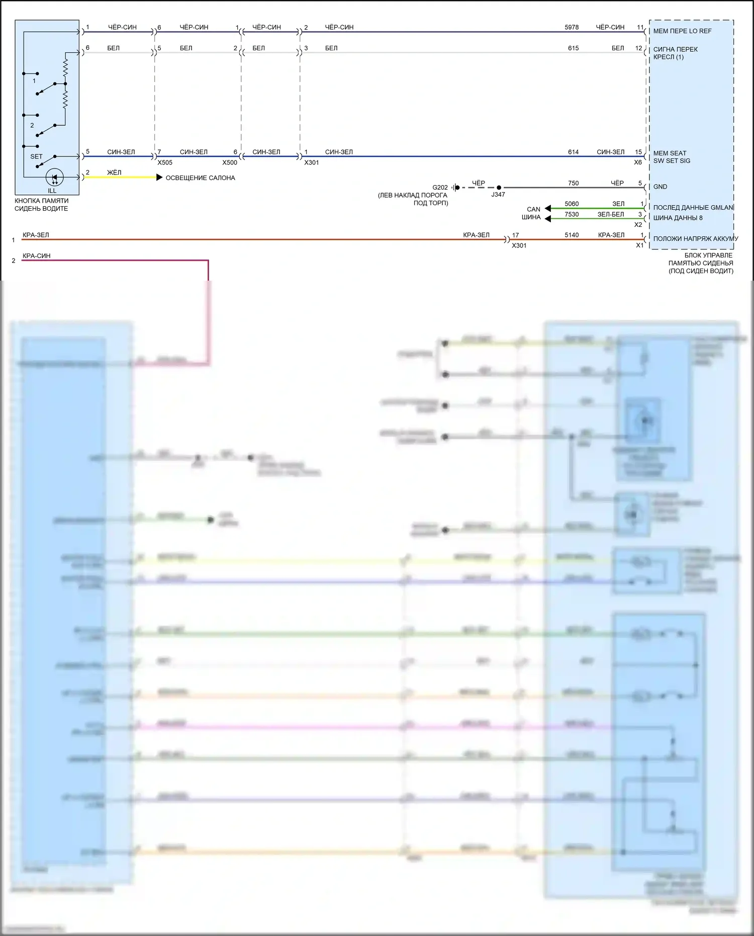 XT5 Cadillac I рестайлинг (2019-2024): Электросхема памяти зеркал (2 из 2) 