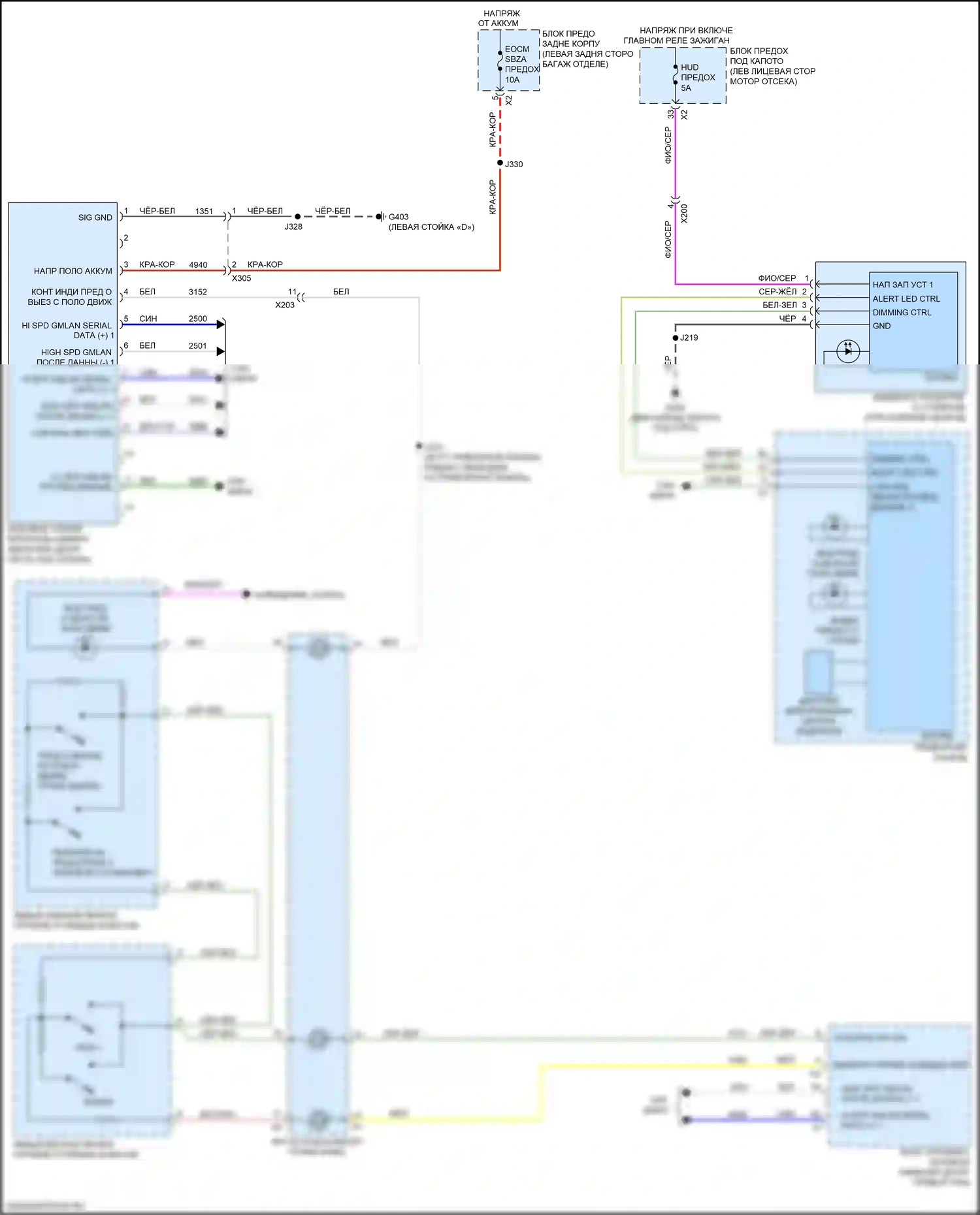 XT5 Cadillac I (2016-2019): Электросхема предупреждения о выезде с полосы движения, без предварительного заполнения тормозов и интеллектуальной помощи при торможении 