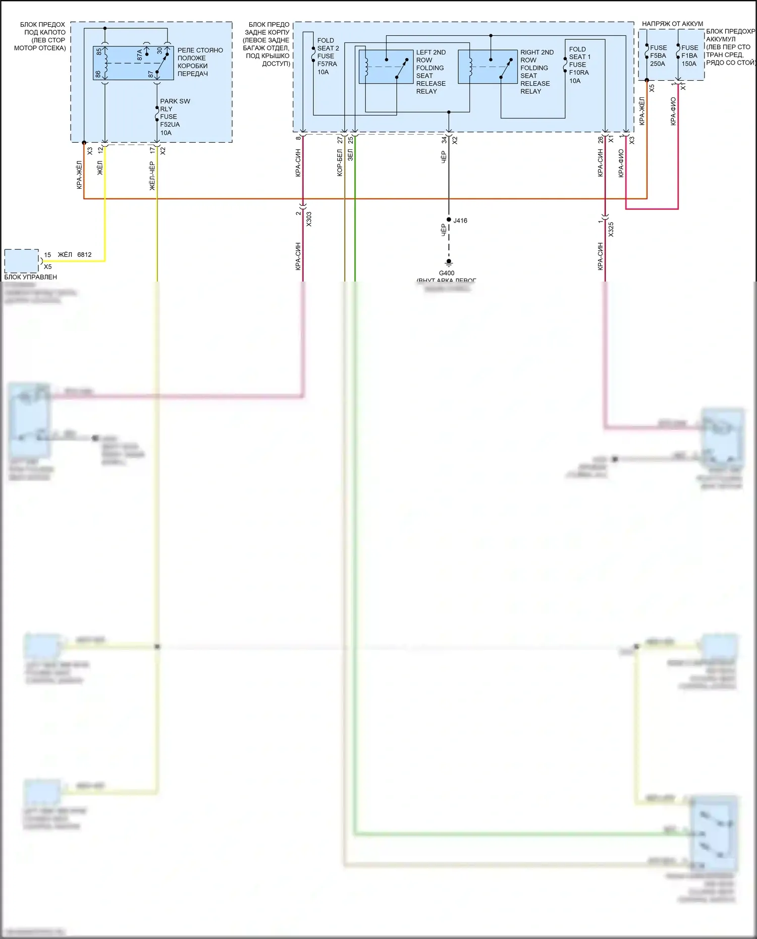 XT6 Cadillac I (2019-2024): Электросхема заднего откидного сиденья, сиденья второго ряда 