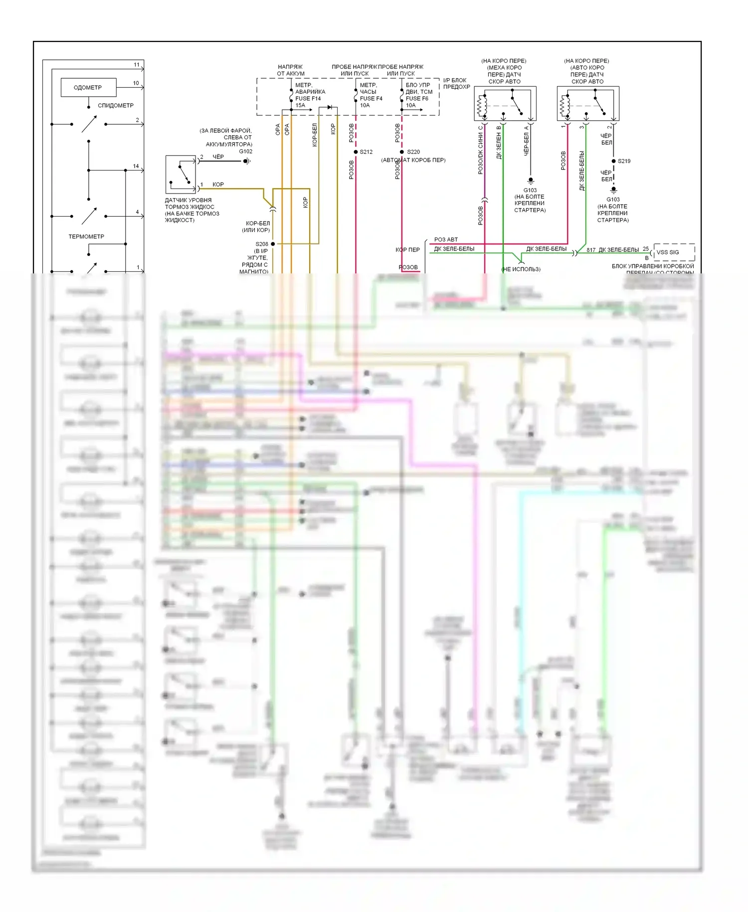 Aveo Chevrolet I (2003-2008): Электросхема приборной панели, без тахометра 