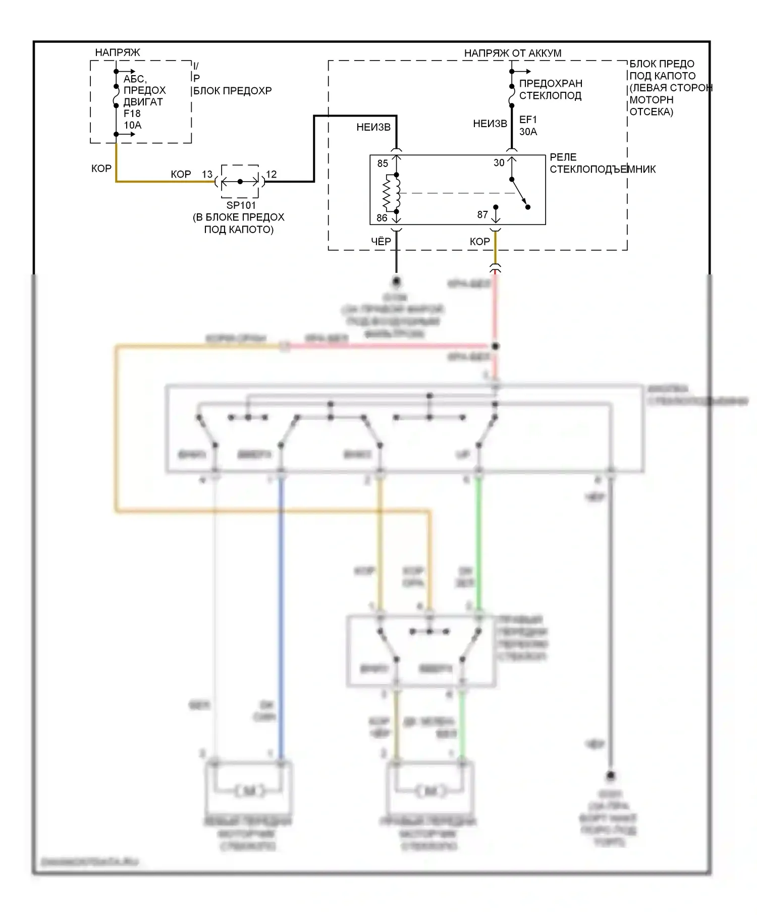 Aveo Chevrolet I (2003-2008): Электросхема стеклоподъемников, без задних стеклоподъемников 