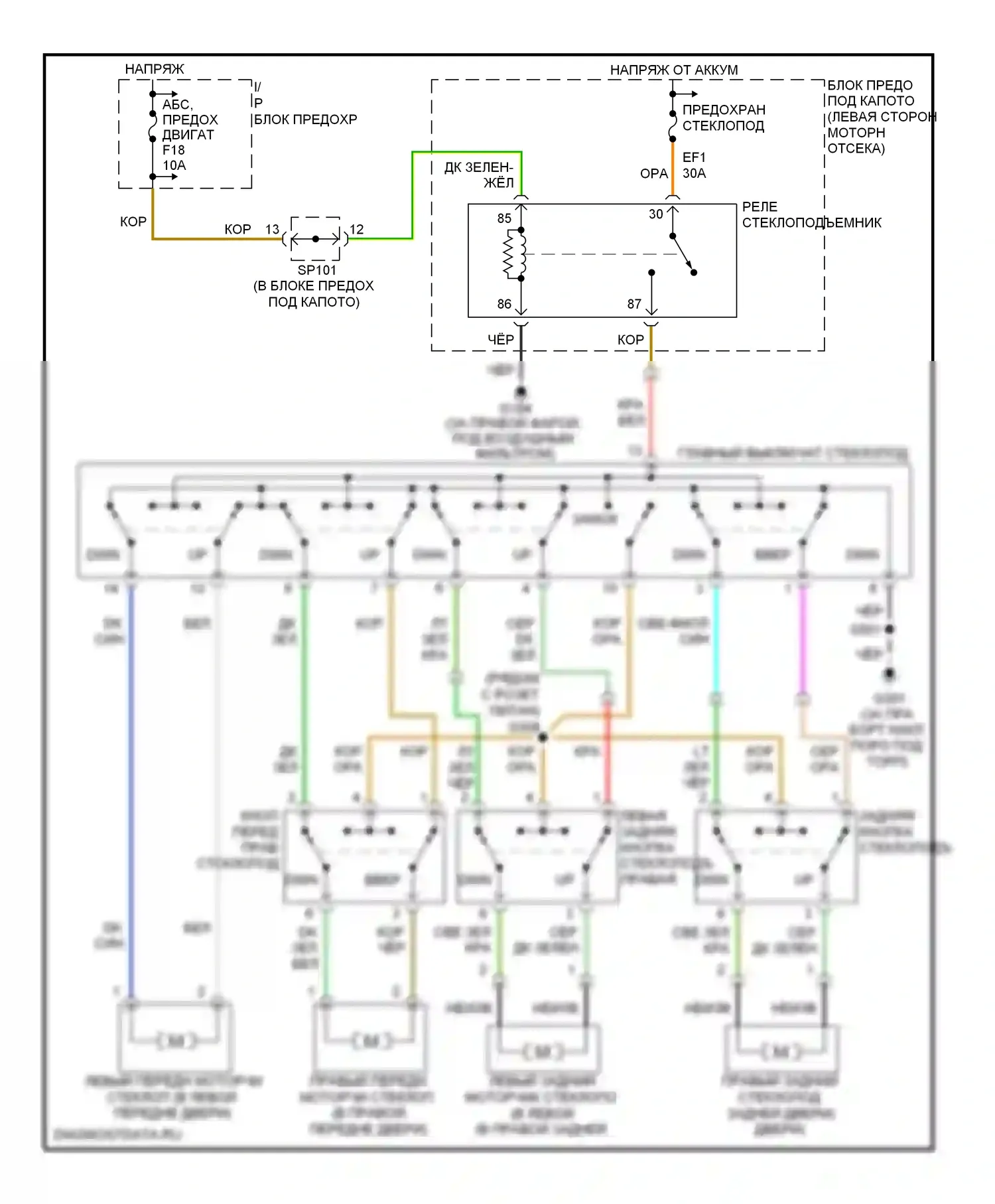Aveo Chevrolet I (2003-2008): Электросхема стеклоподъемников, с задними стеклоподъемниками 
