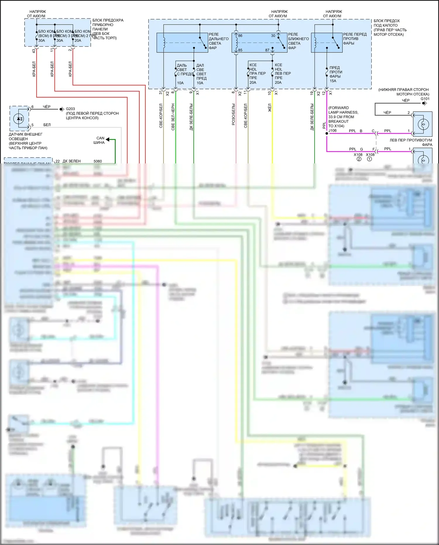 Camaro Chevrolet V рестайлинг (2013-2015): Электросхема фар, с разрядом высокой интенсивности 