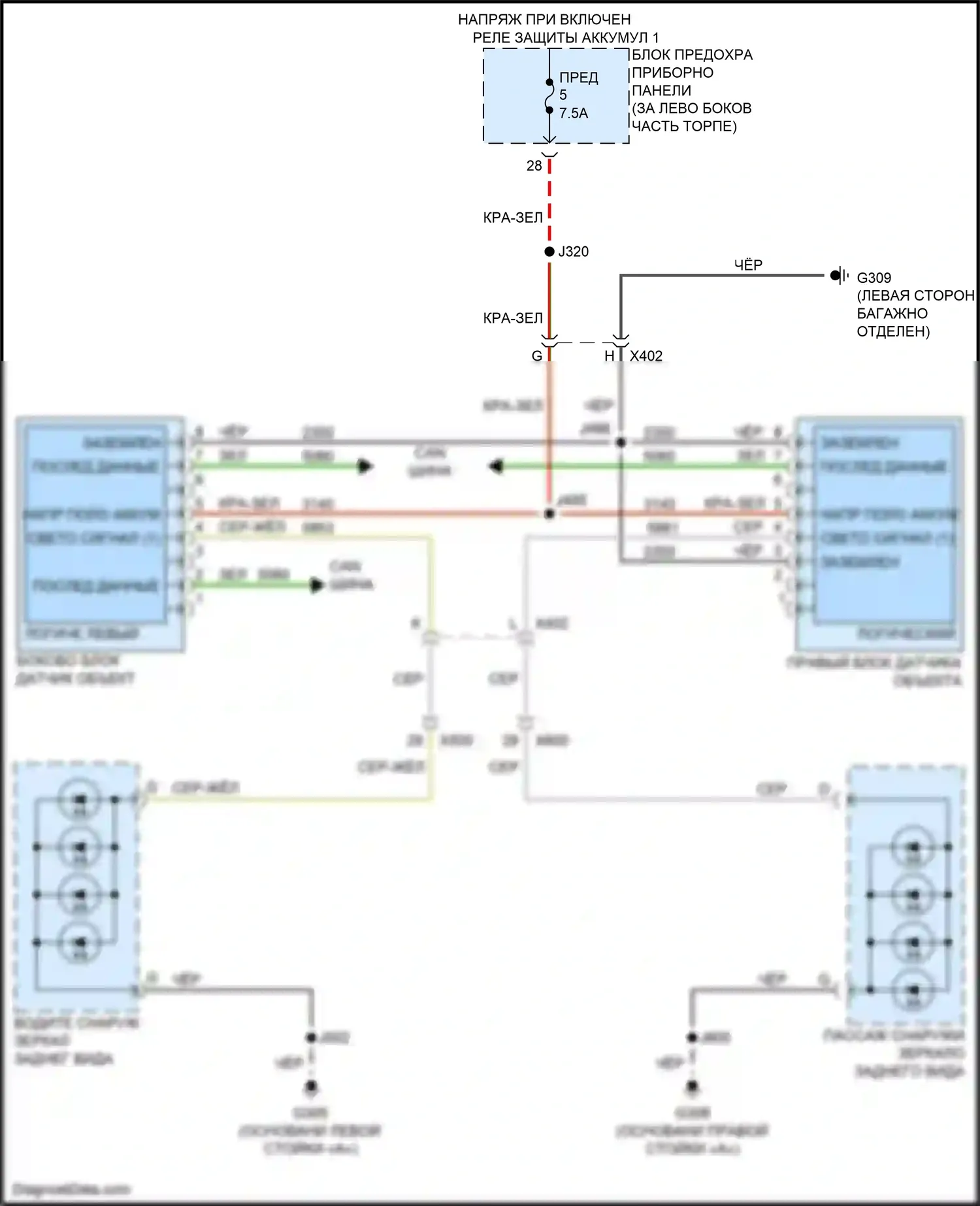 Cruze Chevrolet I рестайлинг (2012-2015): Электросхема мониторинга в слепой зоне 