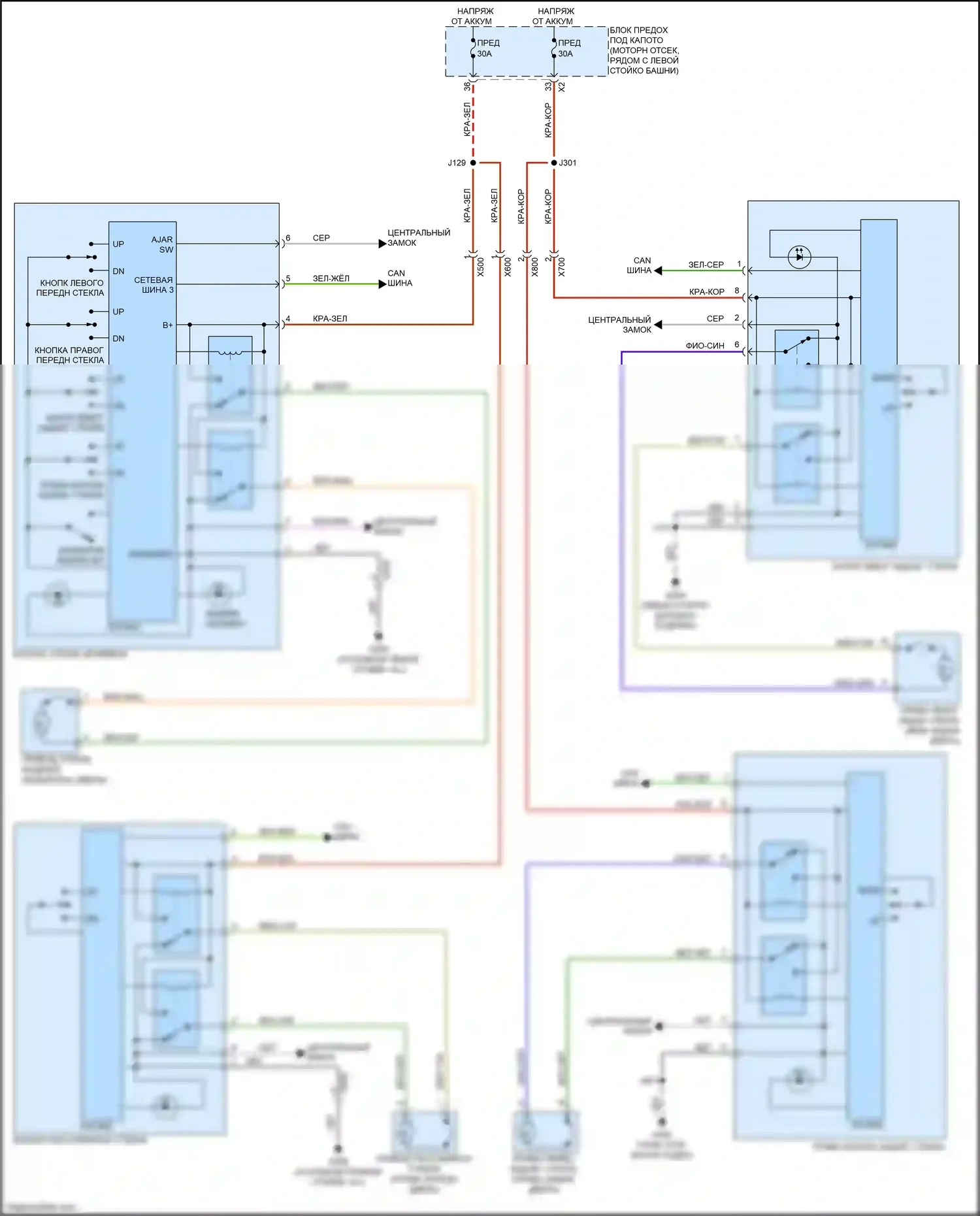Cruze Chevrolet I рестайлинг (2012-2015): Электросхема стёкол питания, без экспресс вверх/вниз 