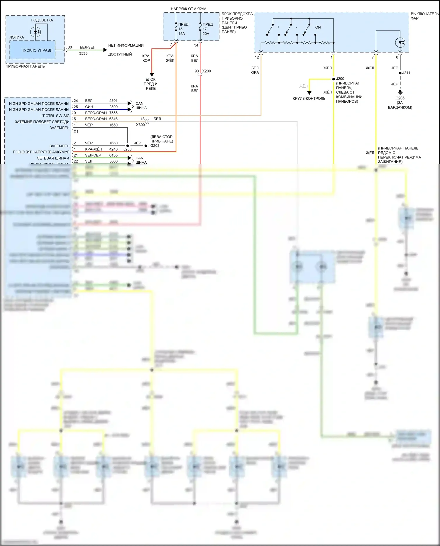 Cruze Chevrolet II (2015-2024): Электросхема подсветки приборной панели 