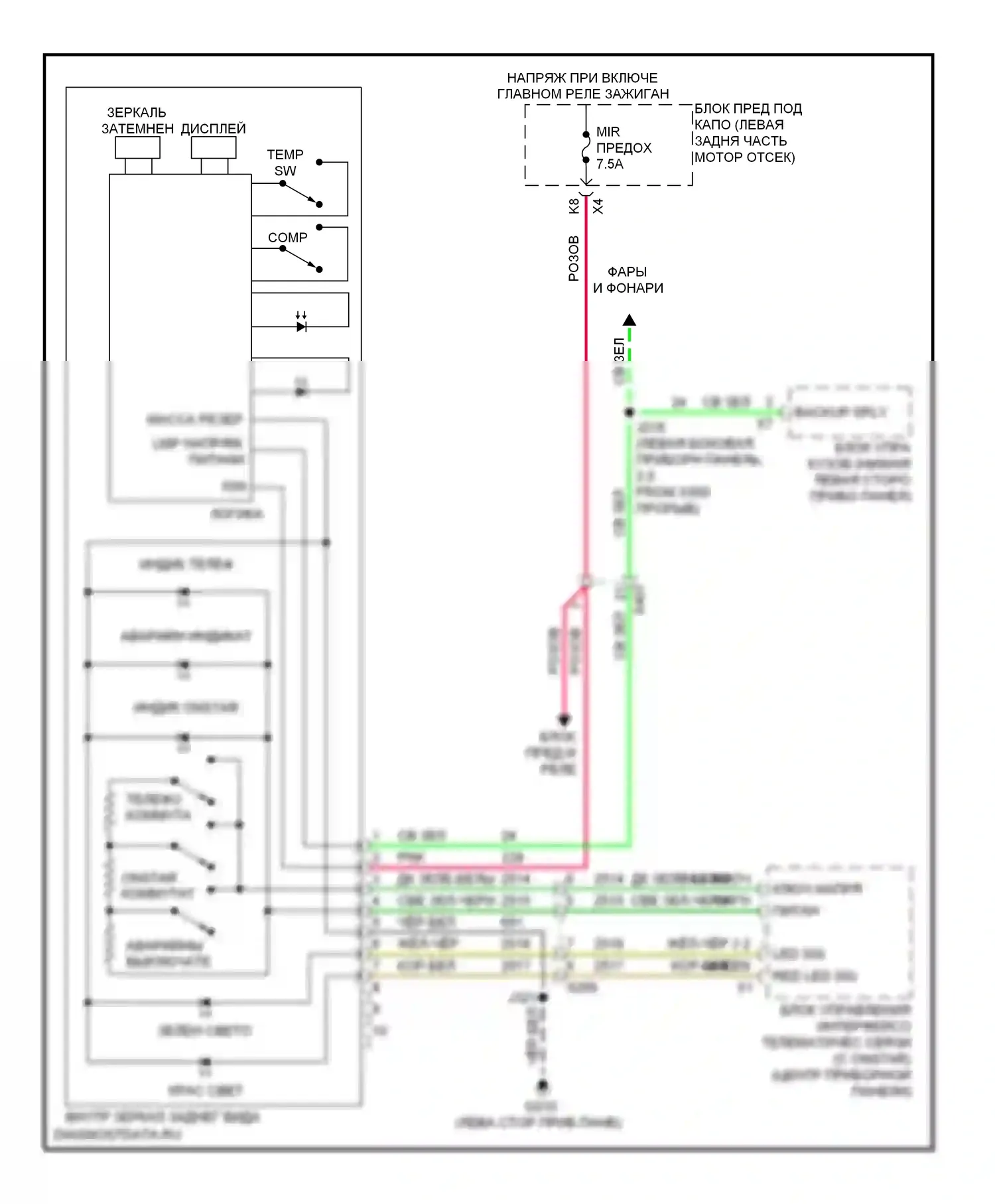 Equinox Chevrolet II (2009-2015): Электросхема электрохромного зеркала, без камеры заднего вида 