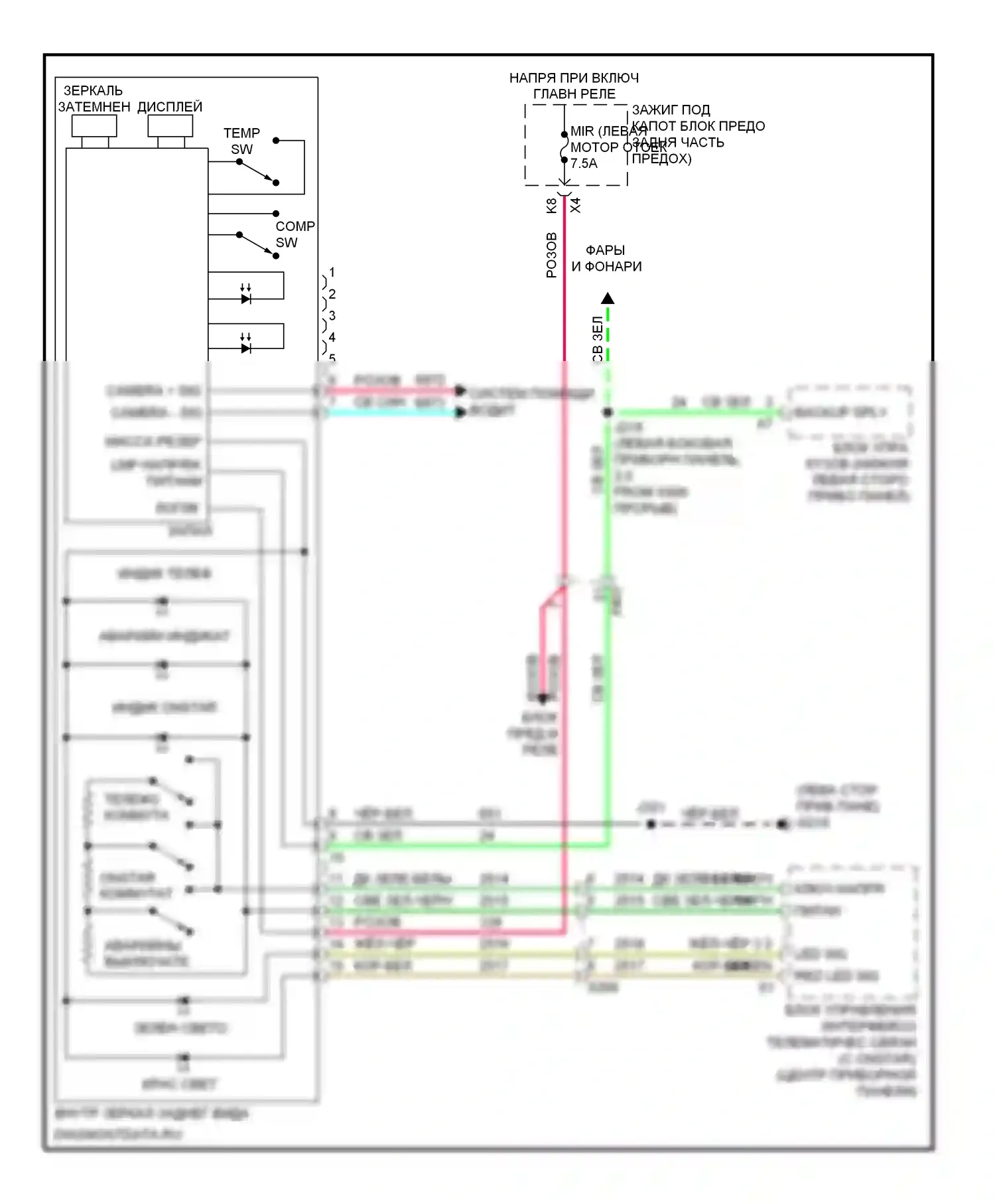 Equinox Chevrolet II (2009-2015): Электросхема электрохромного зеркала, с камерой заднего вида 