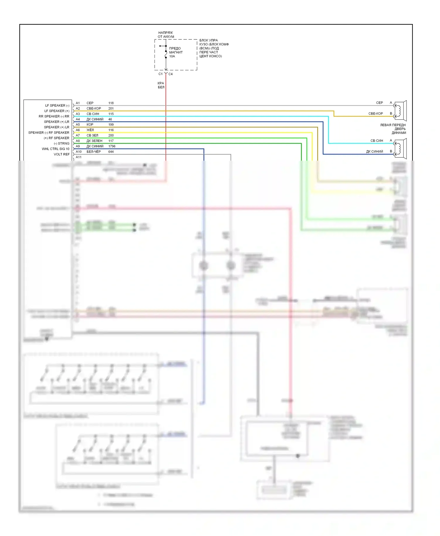Malibu Chevrolet VI рестайлинг (2006-2008): Электросхема системы с 4 динамиками 