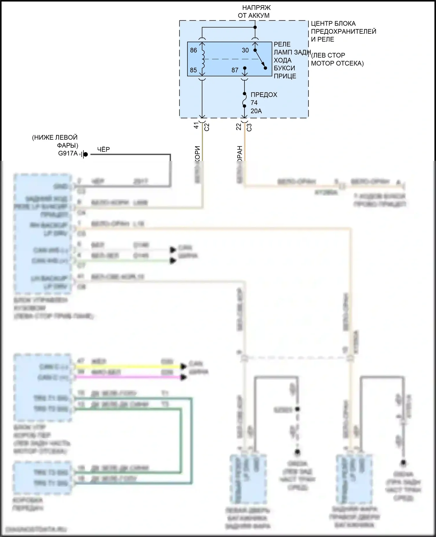 Pacifica Chrysler RU (2016-2020): Электросхема фонарей заднего хода 