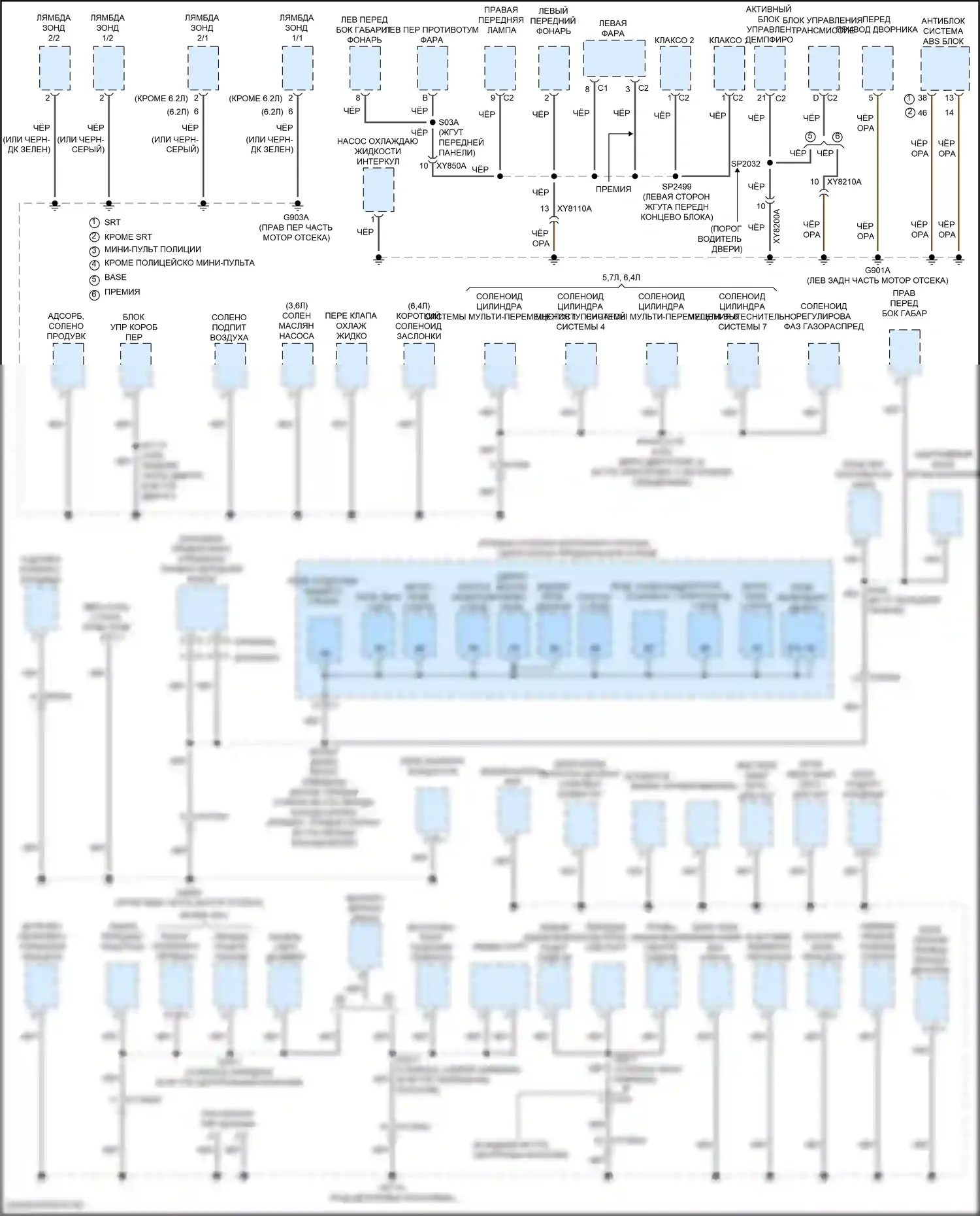 Durango SRT Dodge III рестайлинг 2 (2020-2024): Электросхема точек подключения масс (1 из 4) 