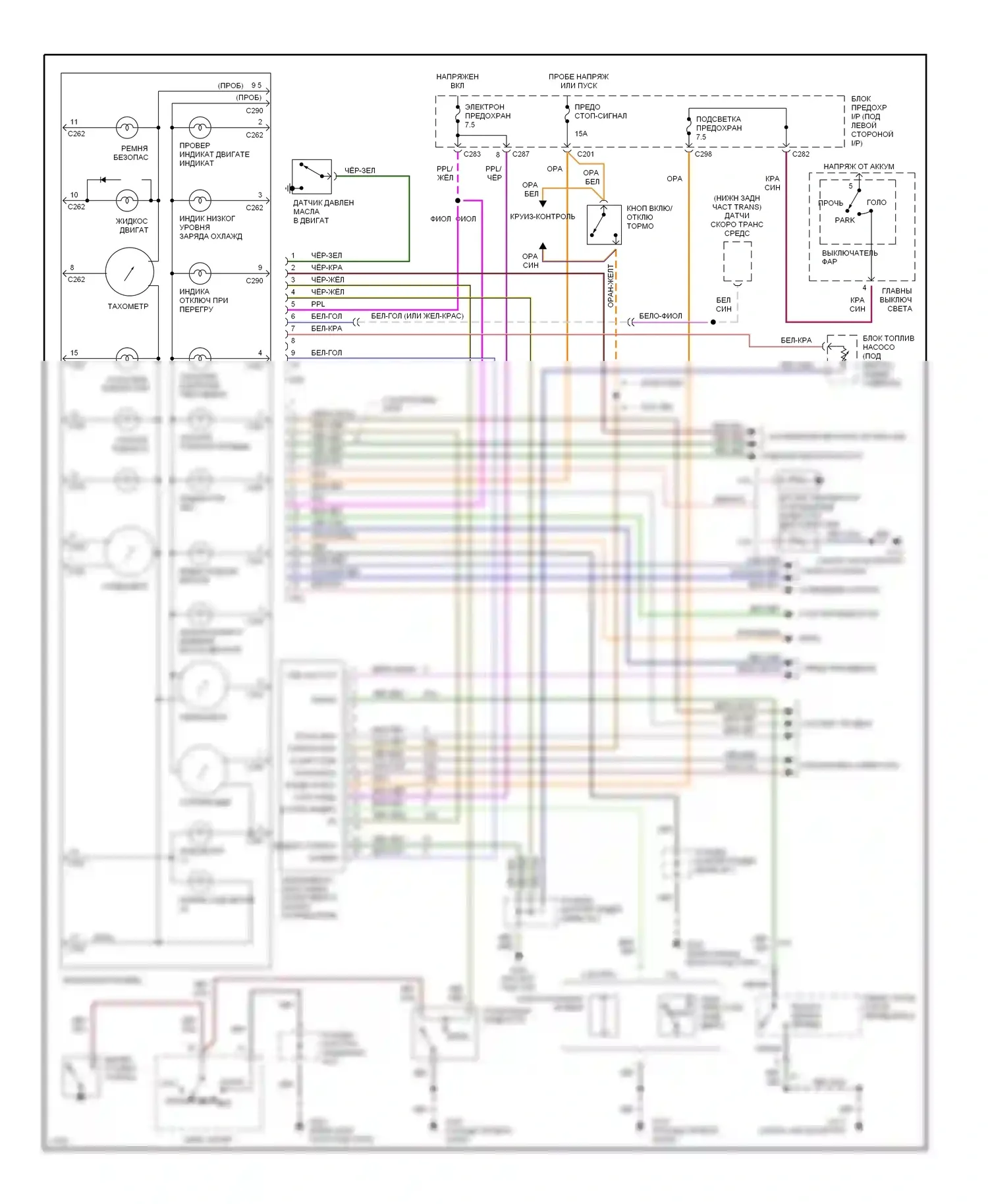 Contour Ford I (1994-1997): Электросхема приборной панели, с тахометром 