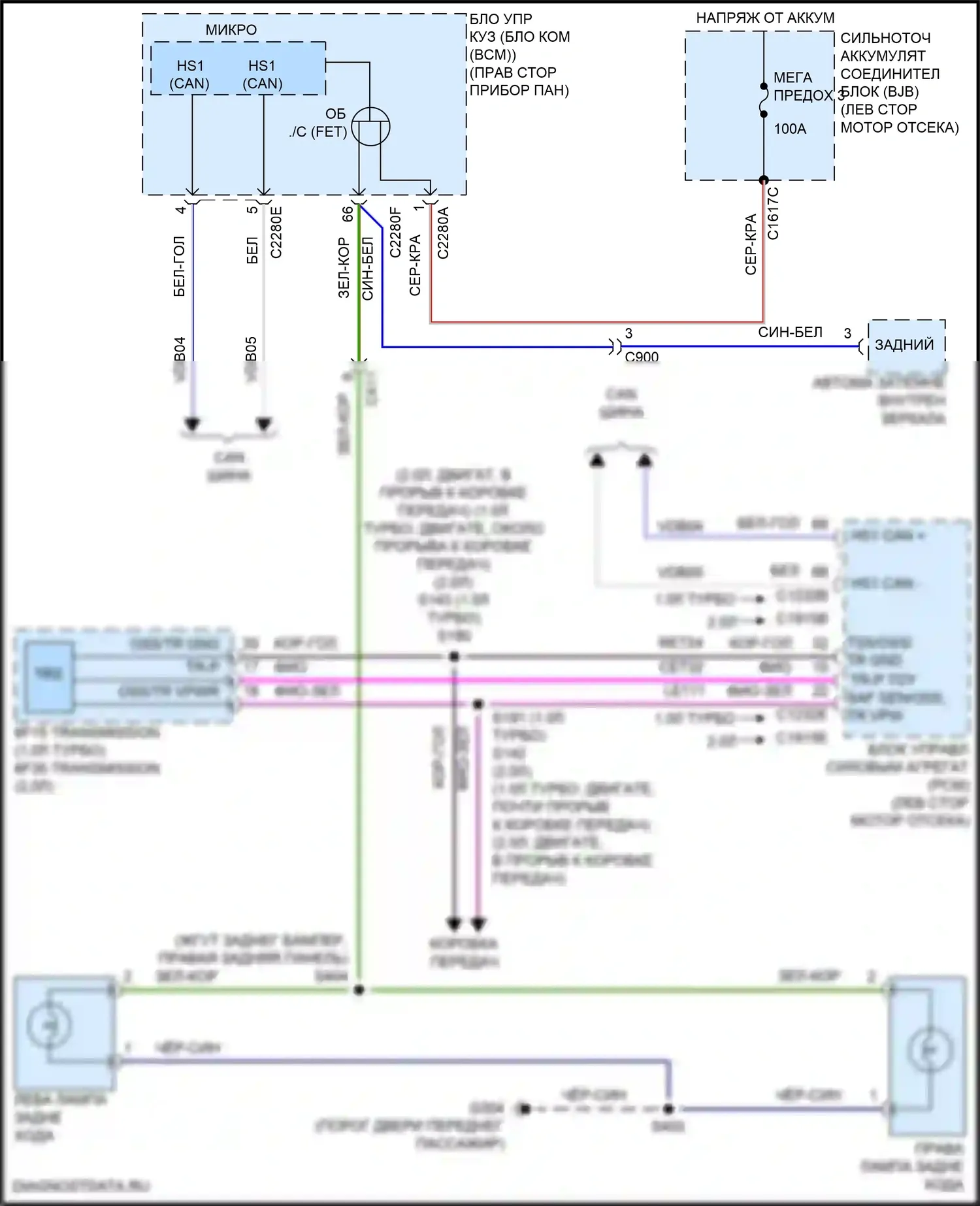 EcoSport Ford II рестайлинг (2017-2024): Электросхема фонарей заднего хода 