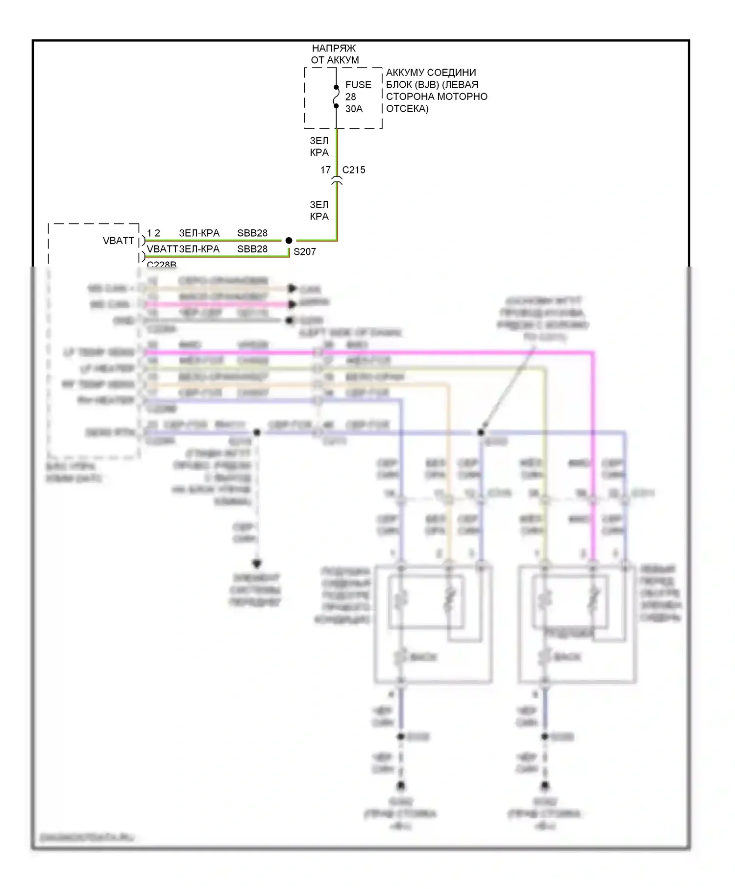 Edge Ford I рестайлинг (2010-2014): Электросхема передних обогреваемых сидений 