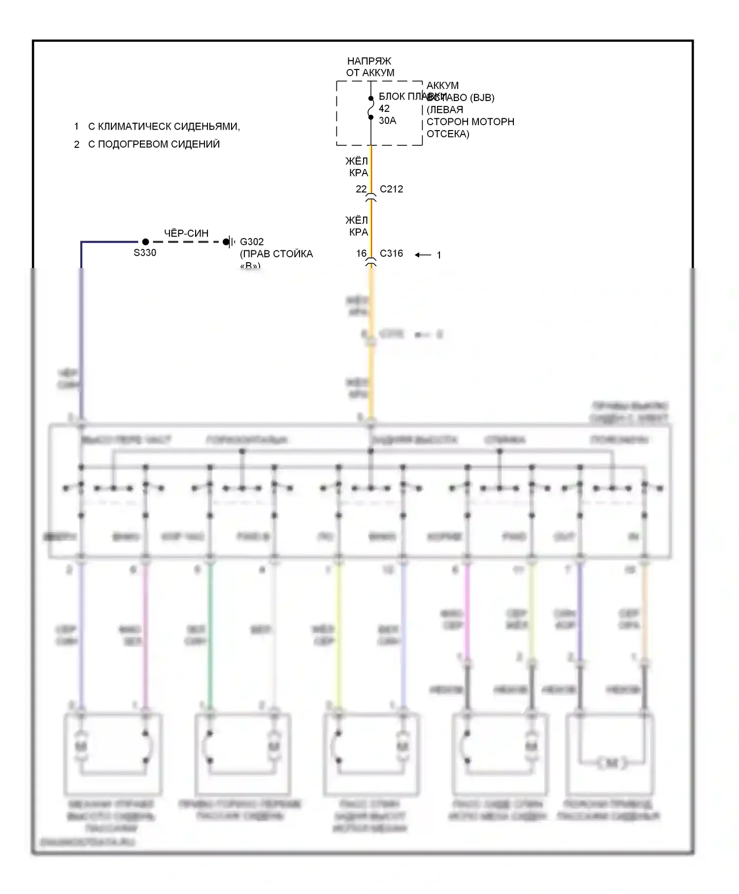 Edge Ford I рестайлинг (2010-2014): Электросхема сидений, 10-стороннее пассажирское сиденье 