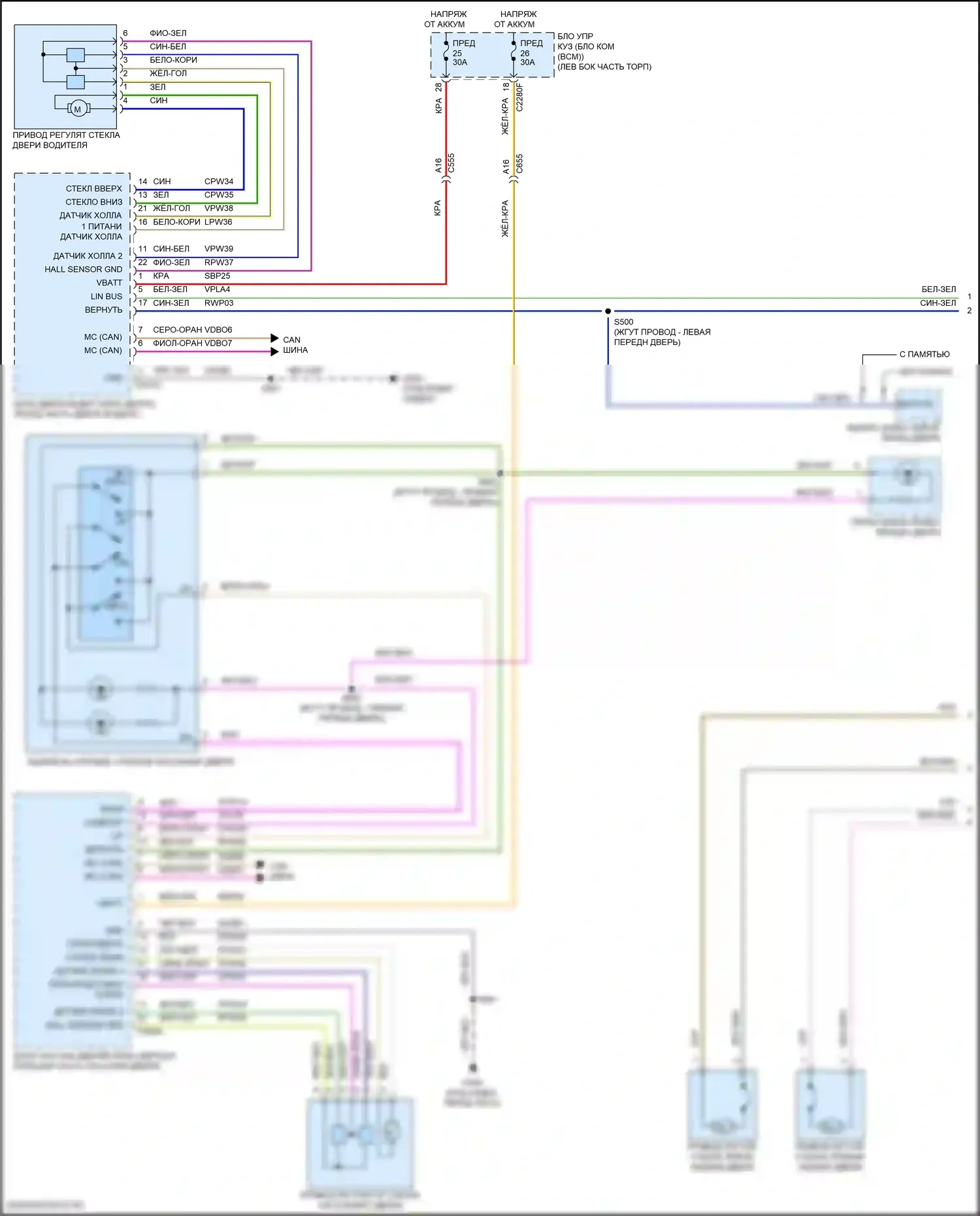 Edge Ford II рестайлинг (2018-2023): Электросхема стеклоподъемников (1 из 2) 