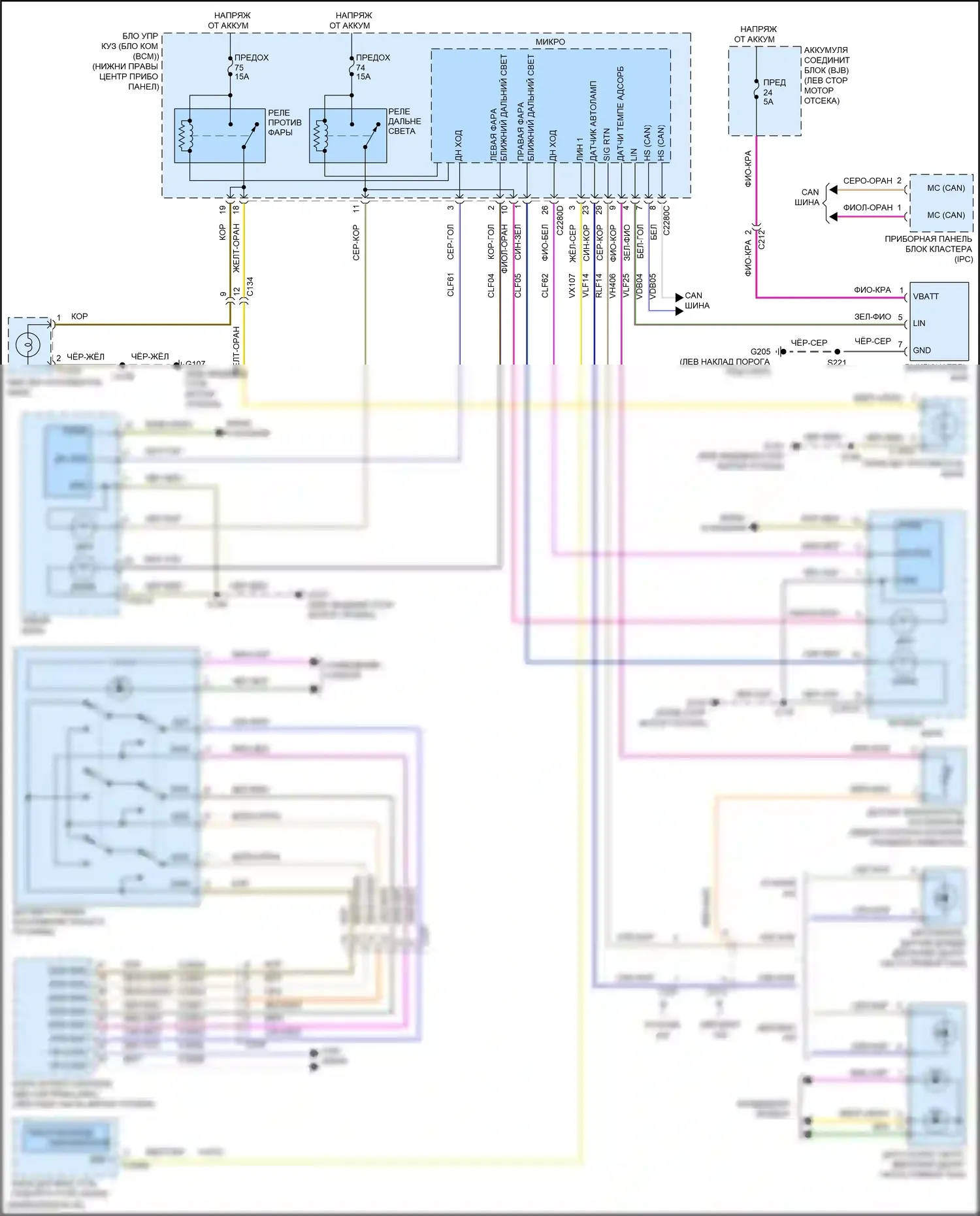 Escape Ford III рестайлинг (2015-2019): Электросхема фар, без высокоинтенсивных бензиновых разрядных фар 