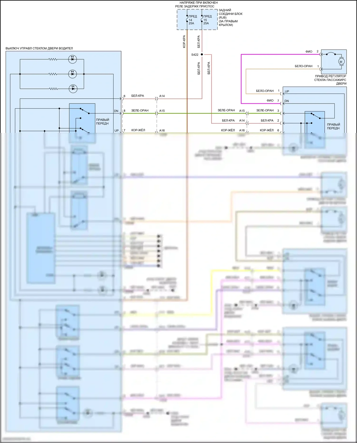 Escape Ford III рестайлинг (2015-2019): Электросхема стеклоподъемников, без дверного блока, с задним стеклоподъемником 
