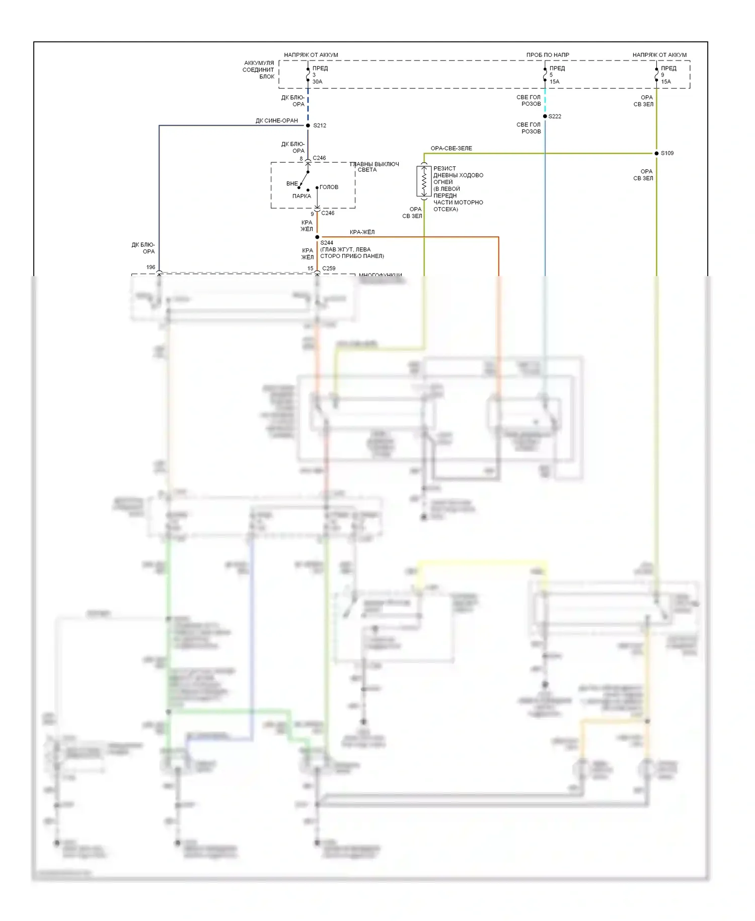 Expedition Ford I (1996-2002): Электросхема фар и противотуманных фар, с дрелью 