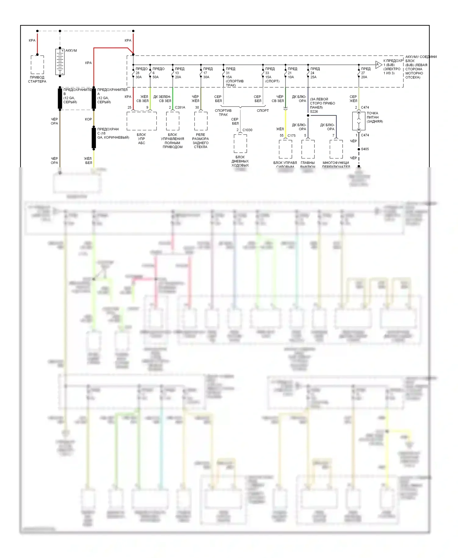 Explorer Ford II (1994-2003): Электросхема блока предохранителей реле раннего выпуска (1 из 3) 