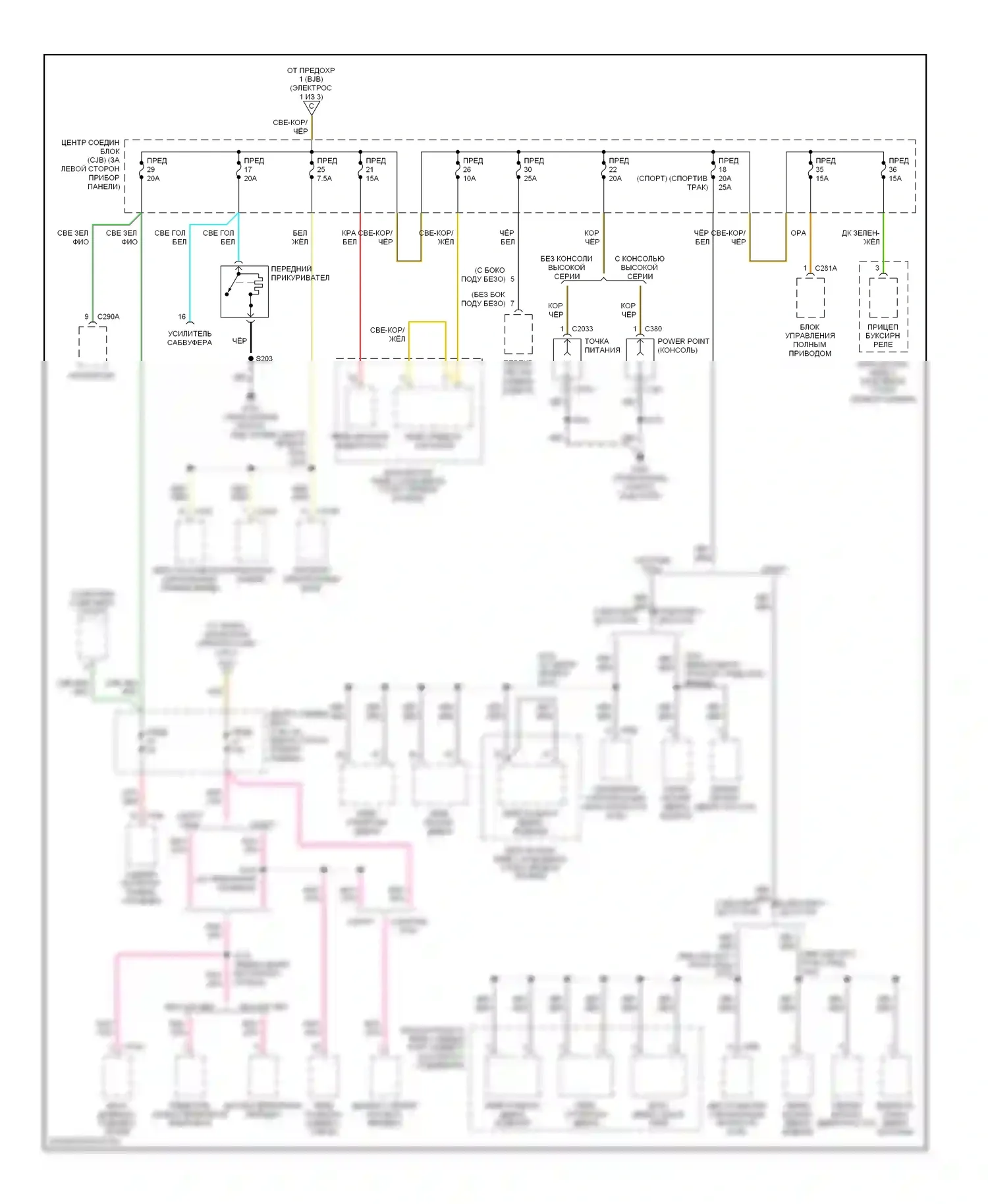 Explorer Ford II (1994-2003): Электросхема блока предохранителей реле раннего выпуска (3 из 3) 