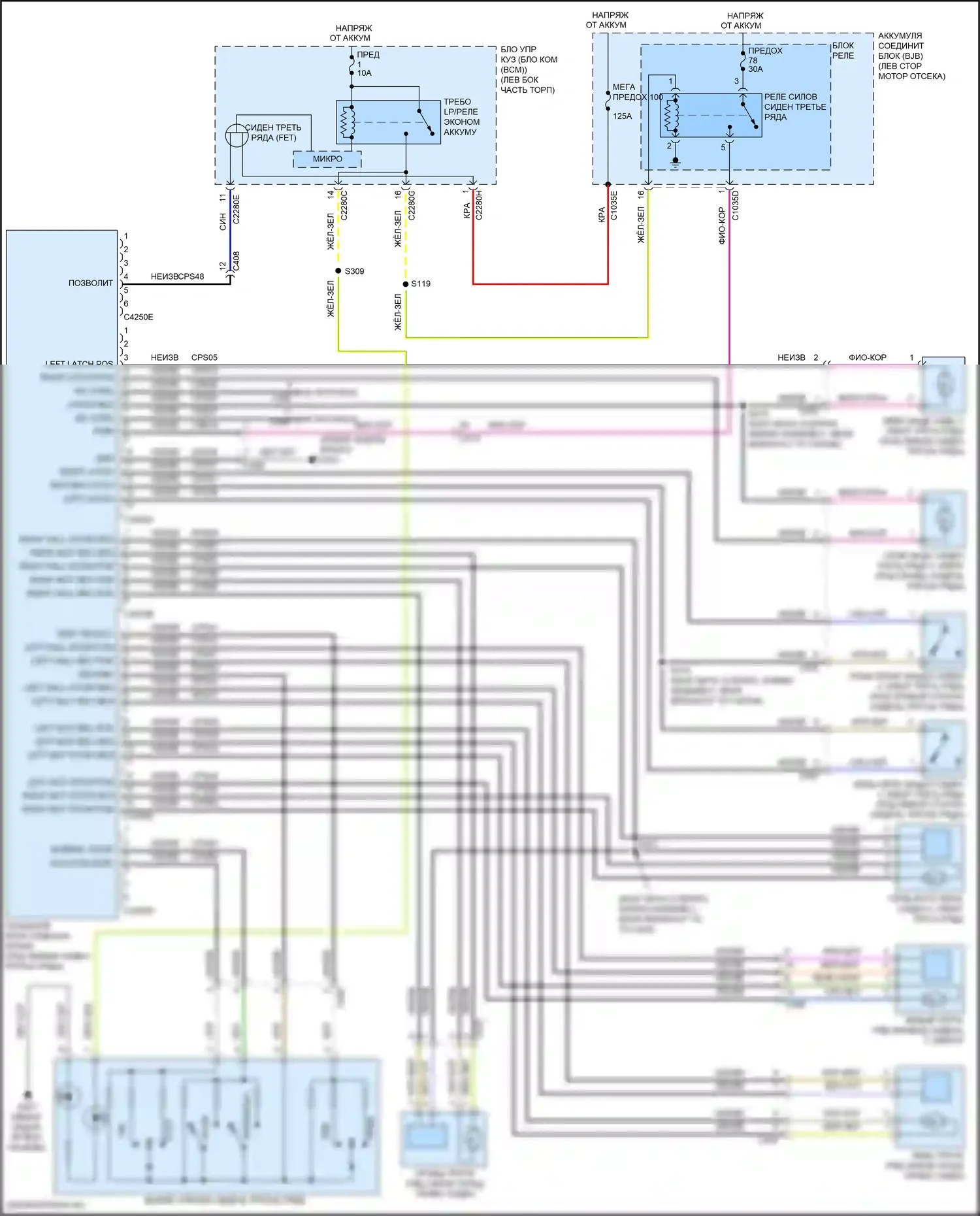 Explorer Ford V рестайлинг 2 (2017-2019): Электросхема складного сиденья третьего ряда 