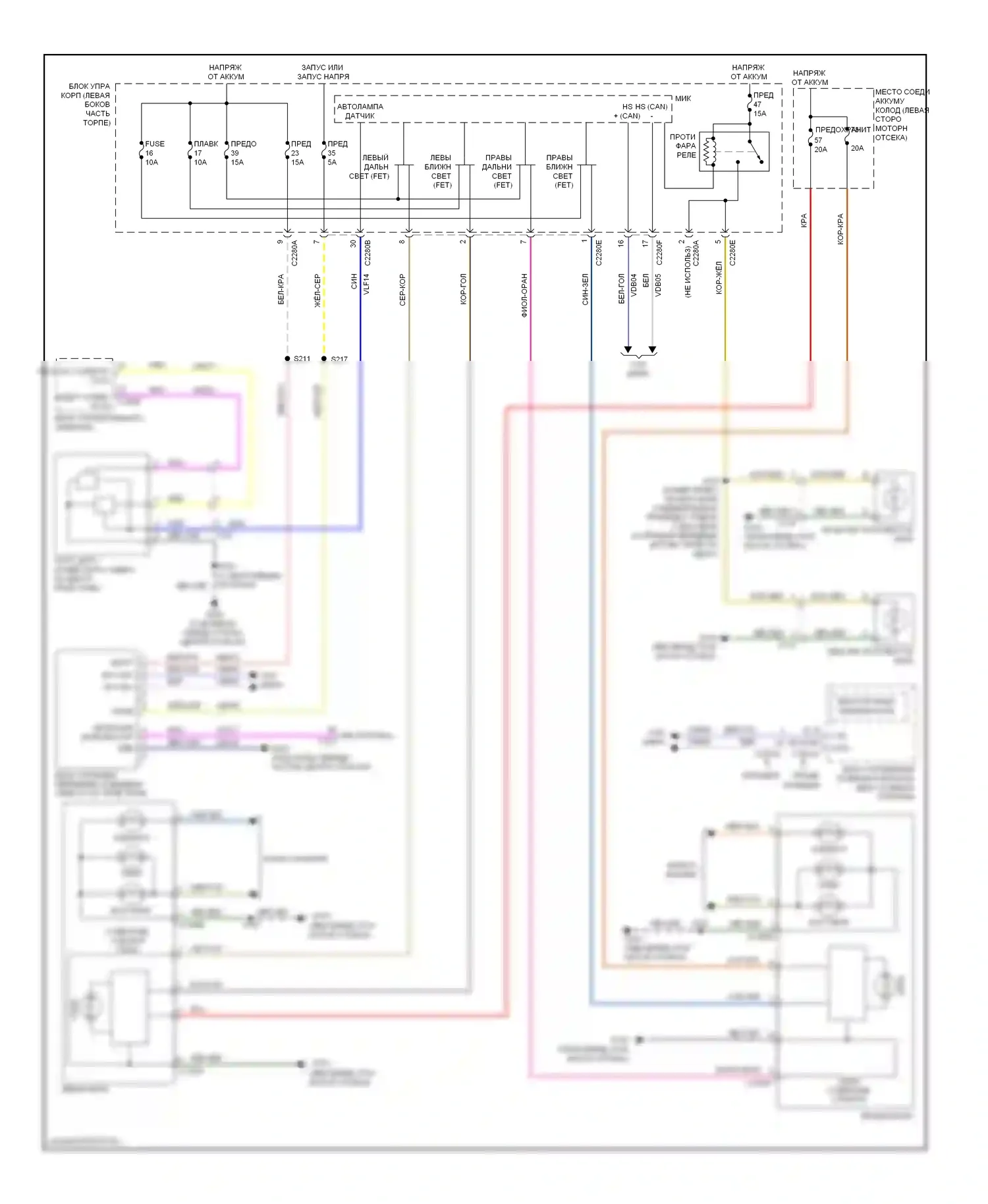 Explorer Ford V (2010-2015): Электросхема фар, с высокоинтенсивными бензиновыми разрядными фарами 