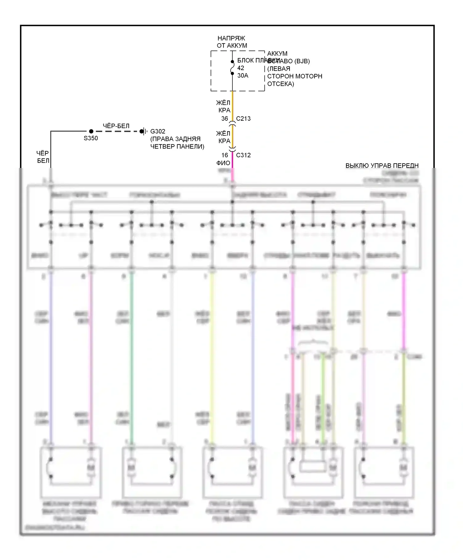Explorer Ford V (2010-2015): Электросхема сидений, 10-стороннее пассажирское сиденье 