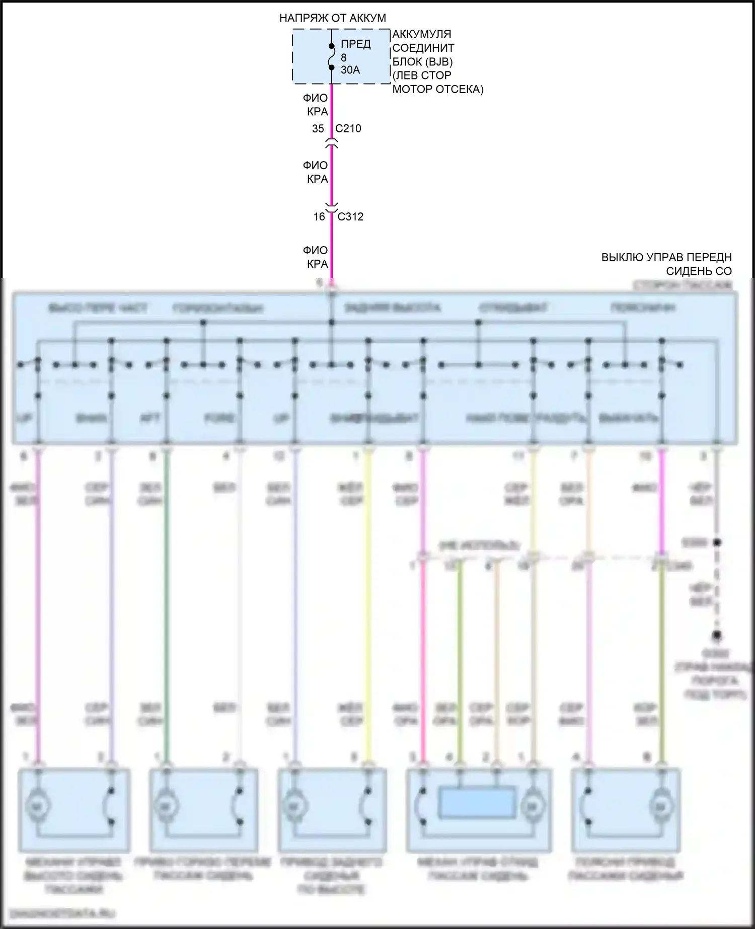 F-250 Ford XIII (2015-2017): Электросхема сидений, 10-стороннее пассажирское сиденье 