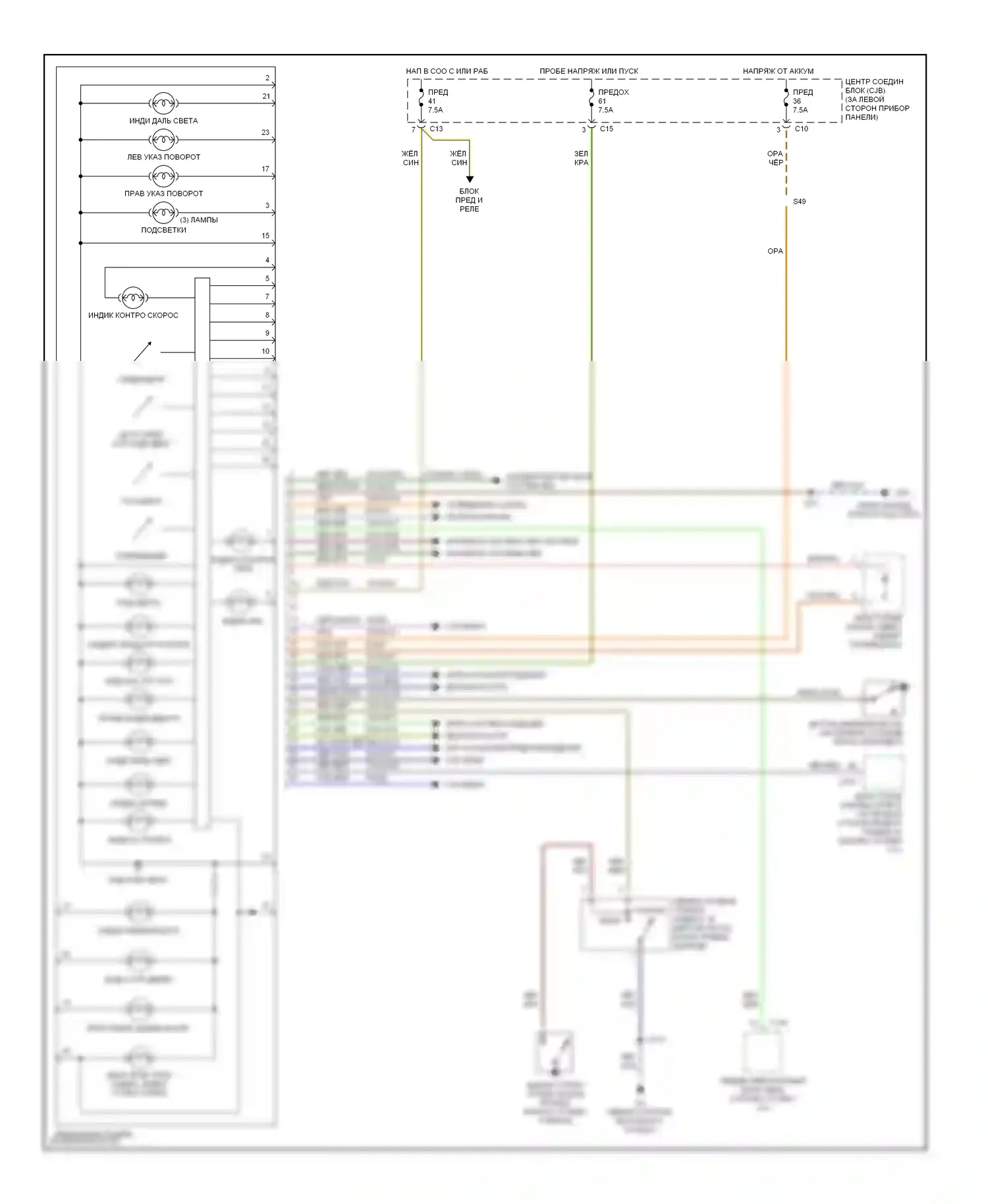 Focus Ford I (1998-2004): Электросхема приборной панели, без вспомогательной приборной панели 