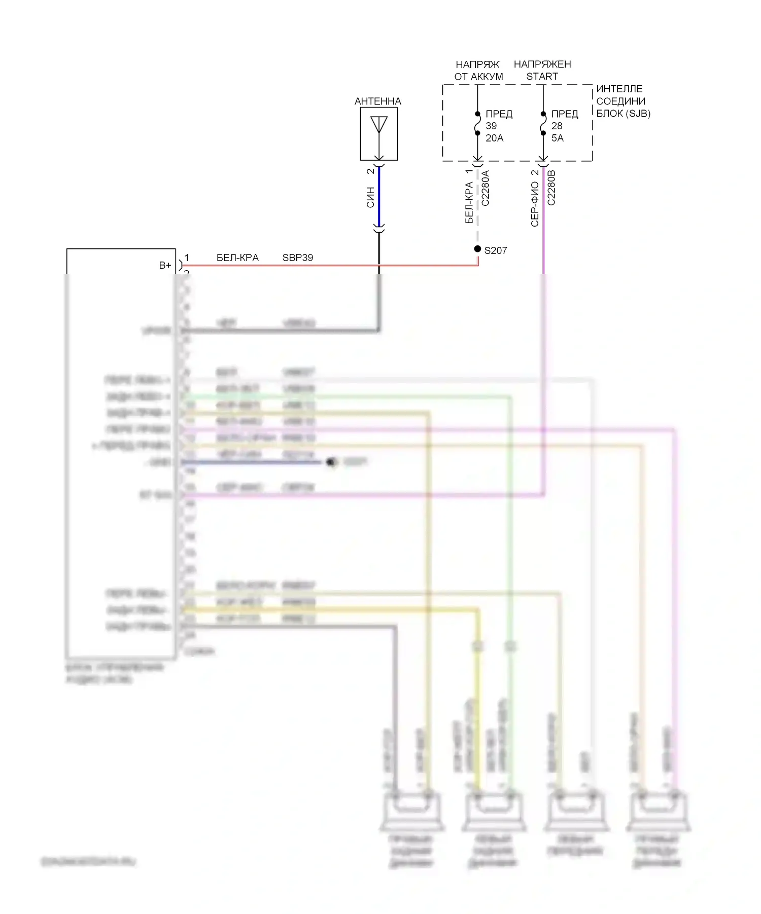 Focus Ford II рестайлинг (2007-2011): Электросхема базовой магнитолы 