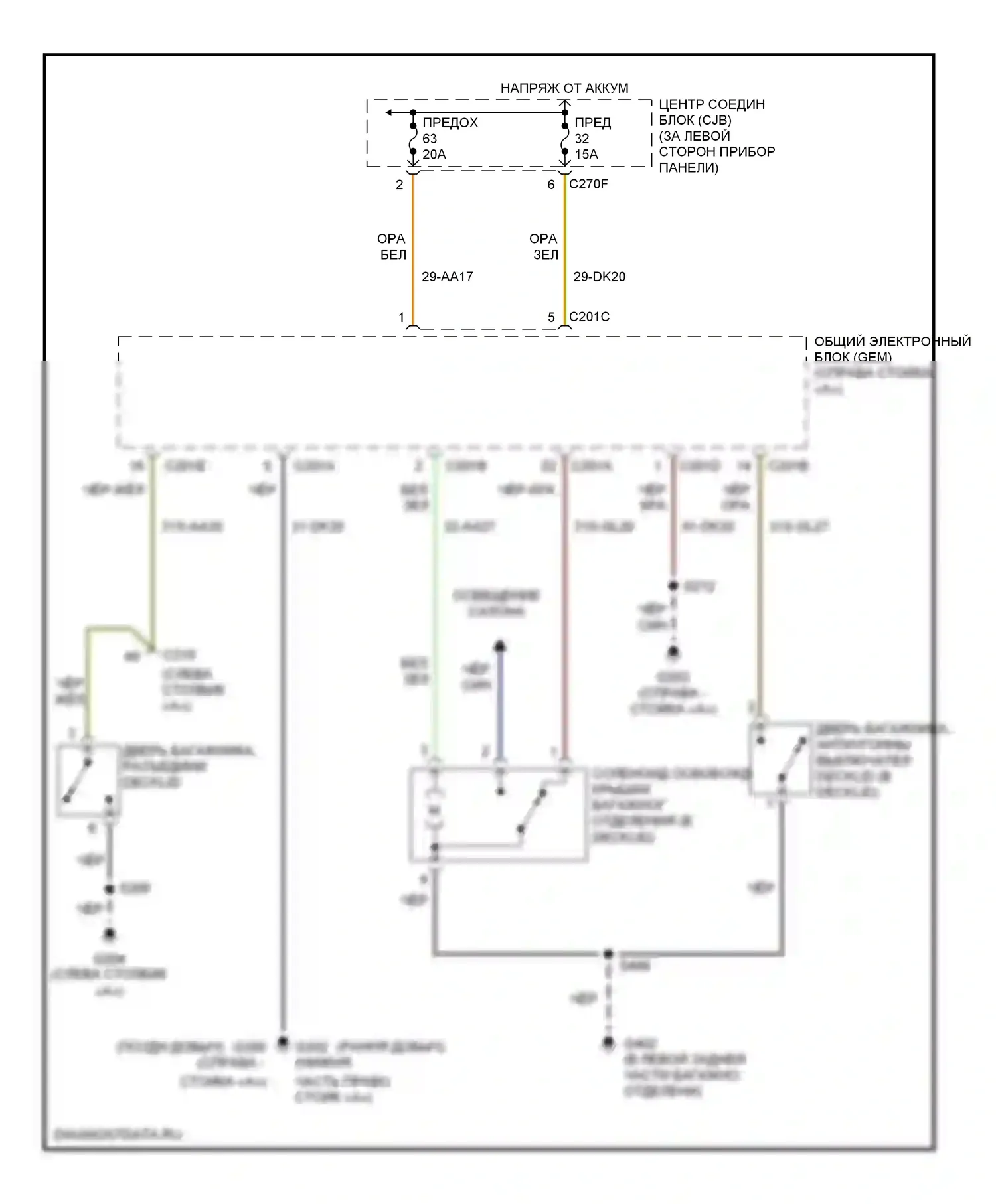 Focus Ford II (2005-2008): Электросхема багажника, двери багажника, лючка топливного бака, седана 