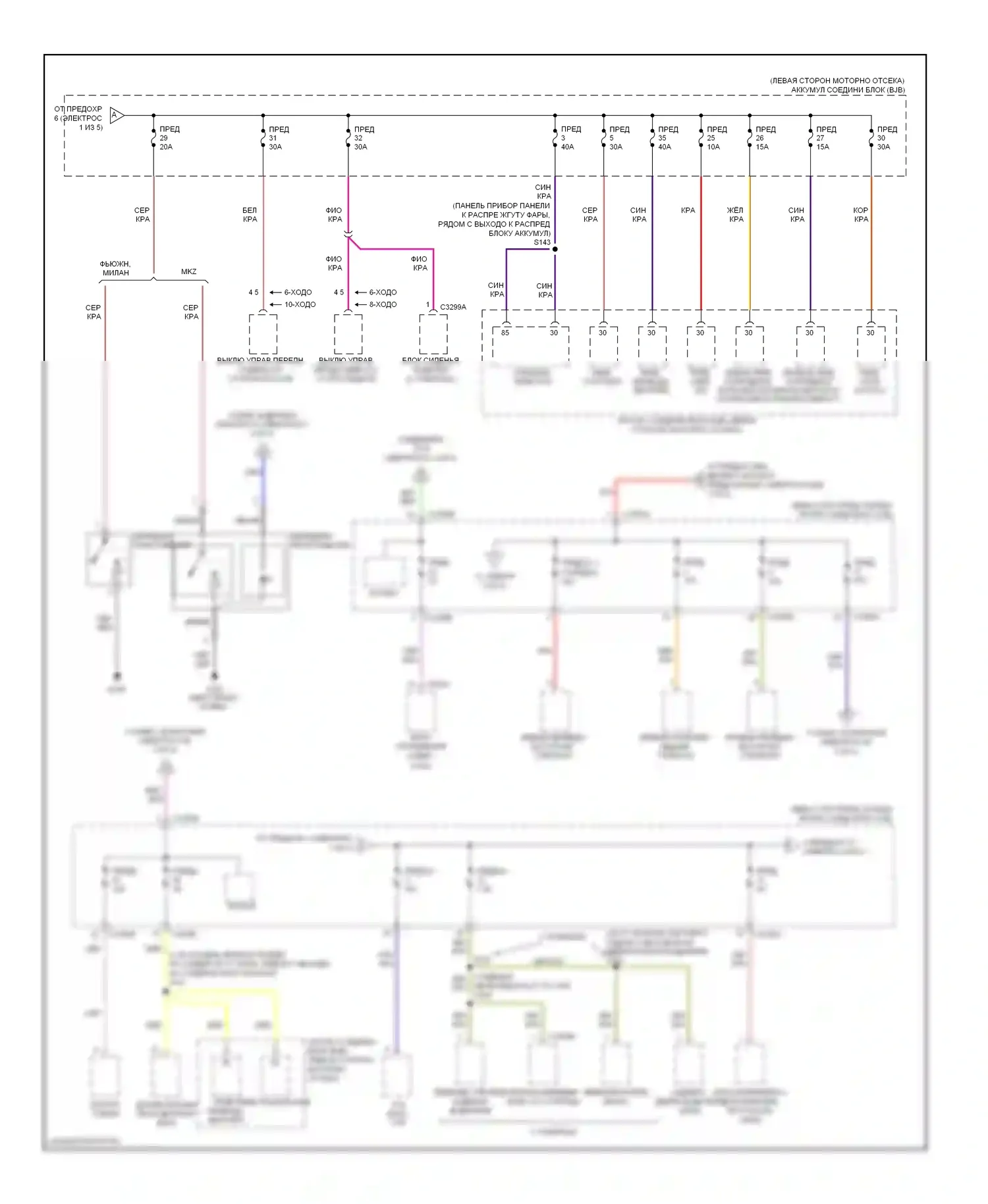 Fusion Ford I рестайлинг (2005-2012): Электросхема блока предохранителей реле, кроме гибридного (2 из 5) 