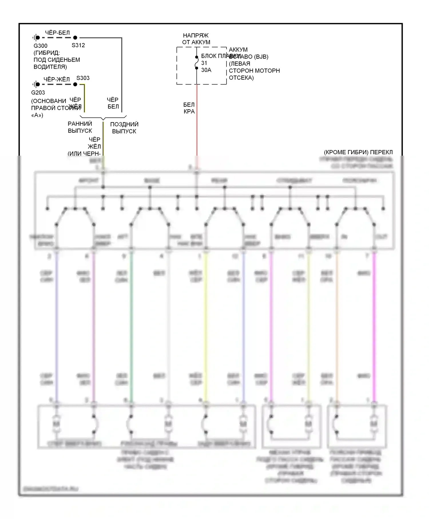 Fusion Ford I рестайлинг (2005-2012): Электросхема силового сиденья, 10-стороннее пассажирское сиденье 