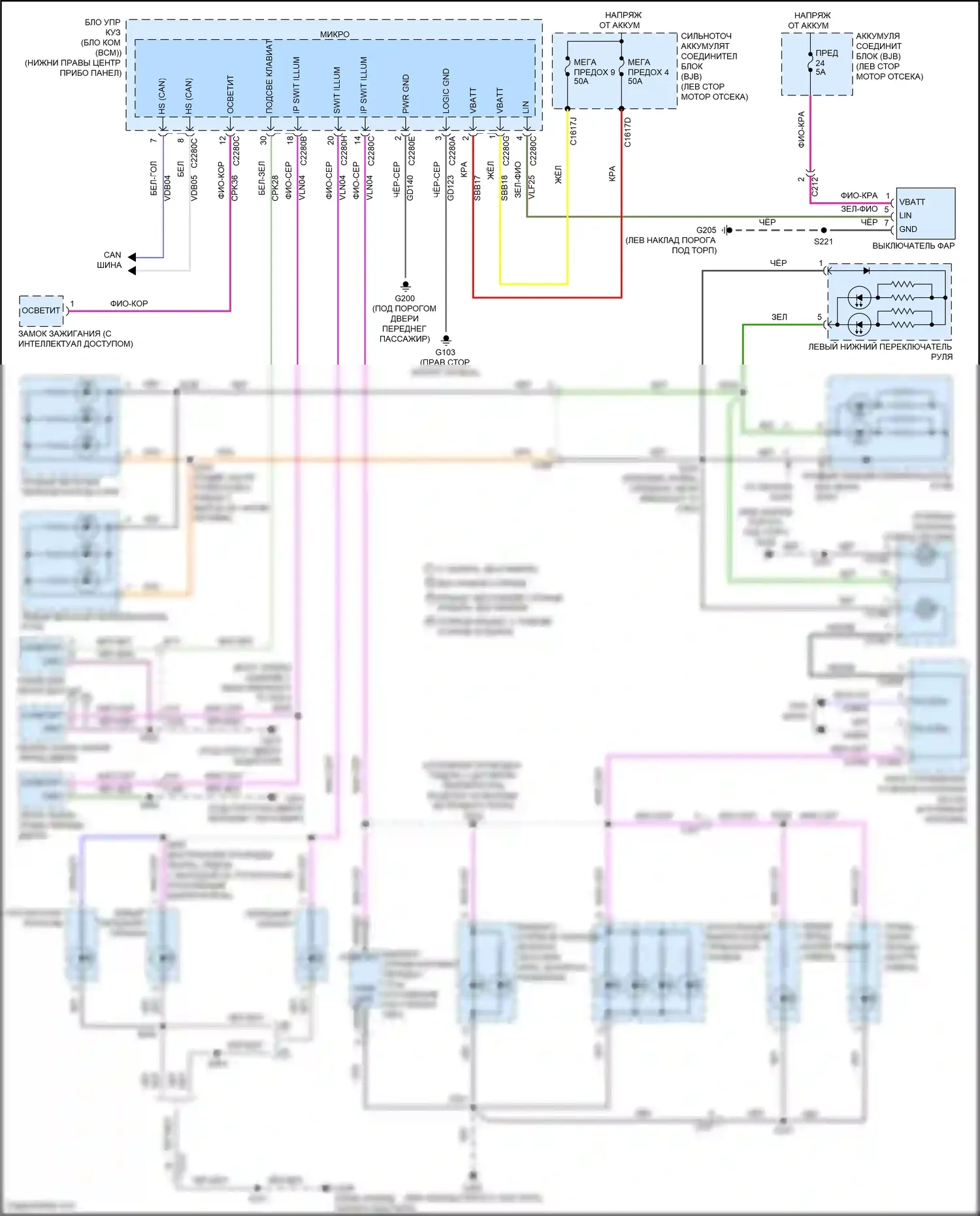 Kuga Ford II (2012-2016): Электросхема подсветки приборной панели 