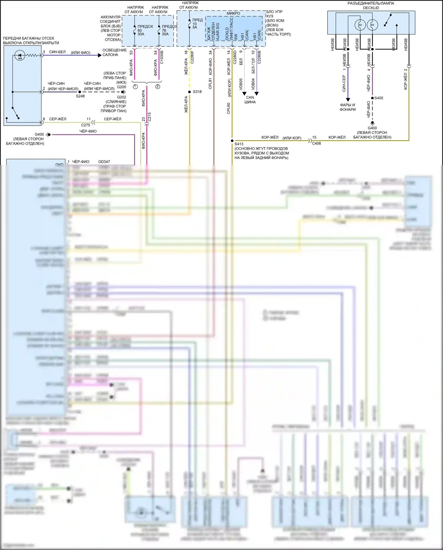 Mondeo Ford V рестайлинг (2019-2023): Электросхема расцепителя багажника, с платой питания 