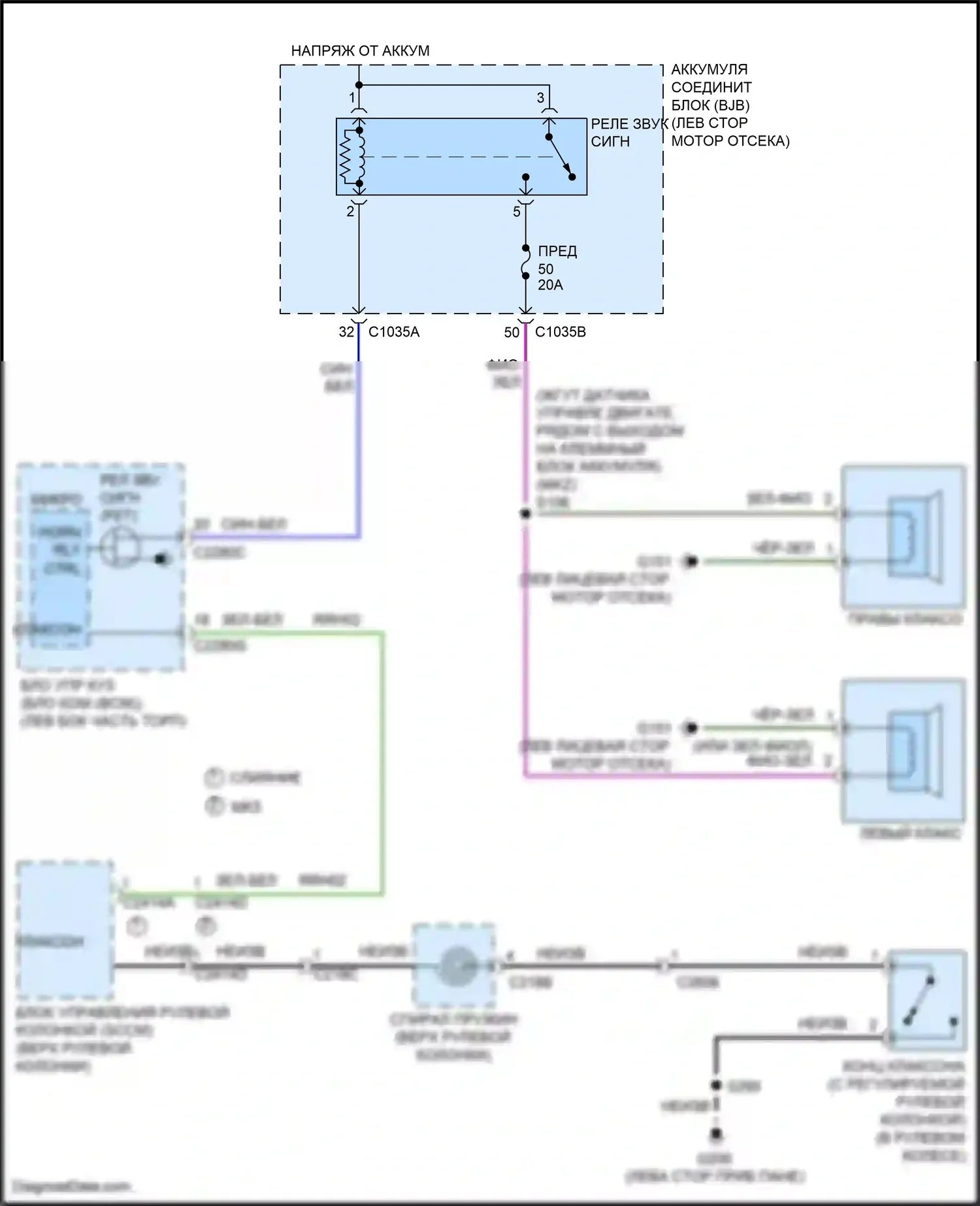 Mondeo Ford V рестайлинг (2019-2023): Электросхема клаксона, кроме гибридной 