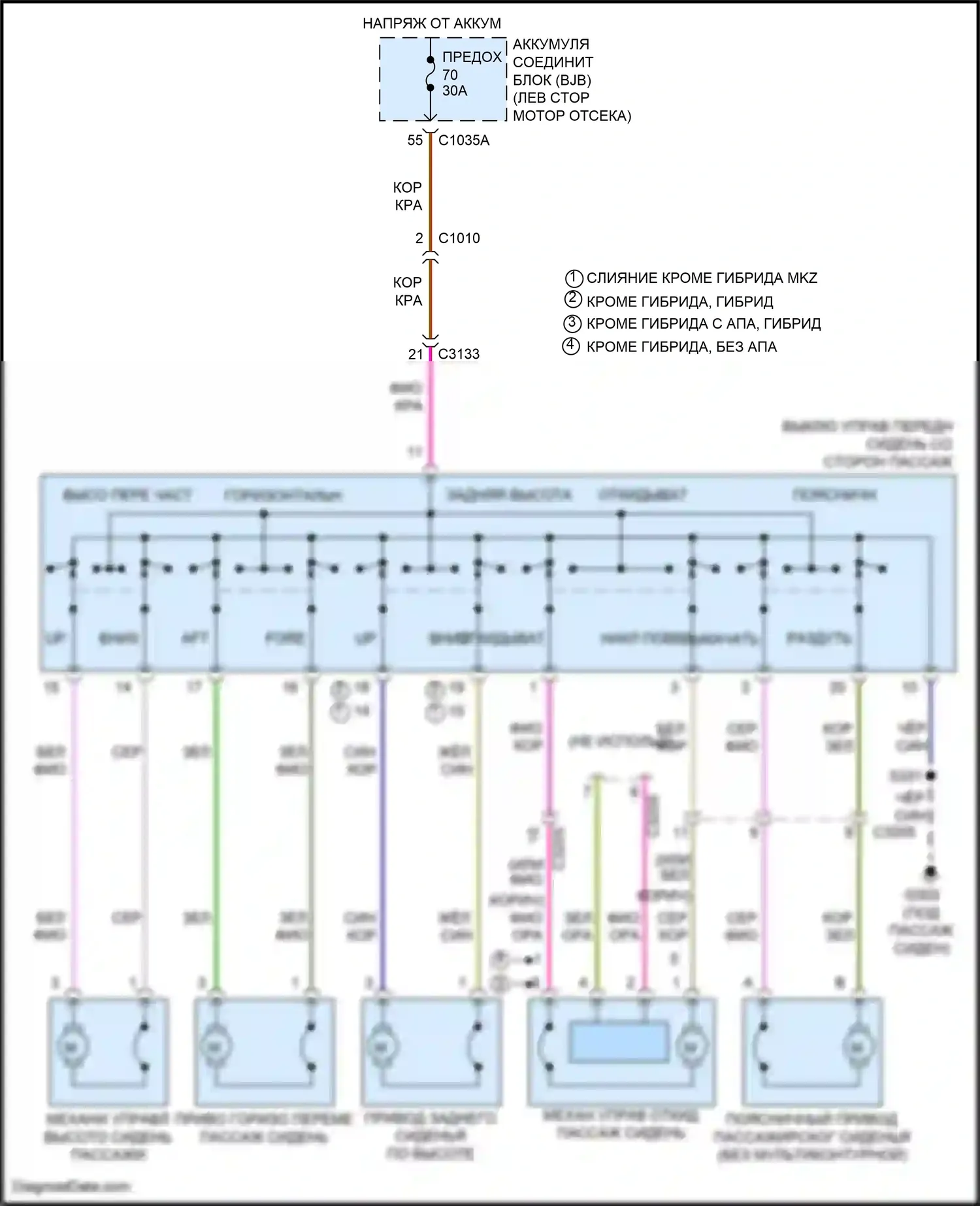 Mondeo Ford V рестайлинг (2019-2023): Электросхема сидений, 10-стороннее пассажирское сиденье 