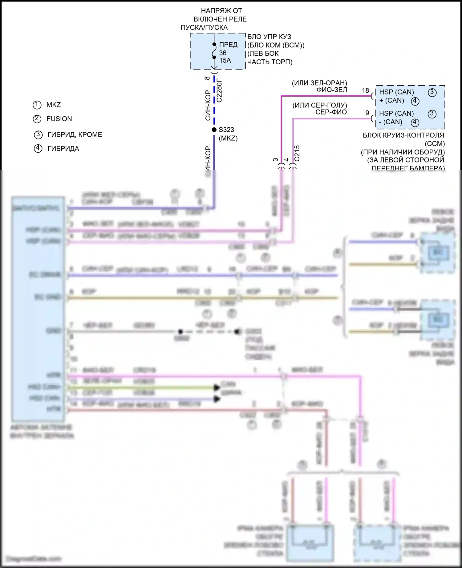 Mondeo Ford V рестайлинг (2019-2023): Электросхема электрохромного зеркала, с помощью удержания полосы движения 