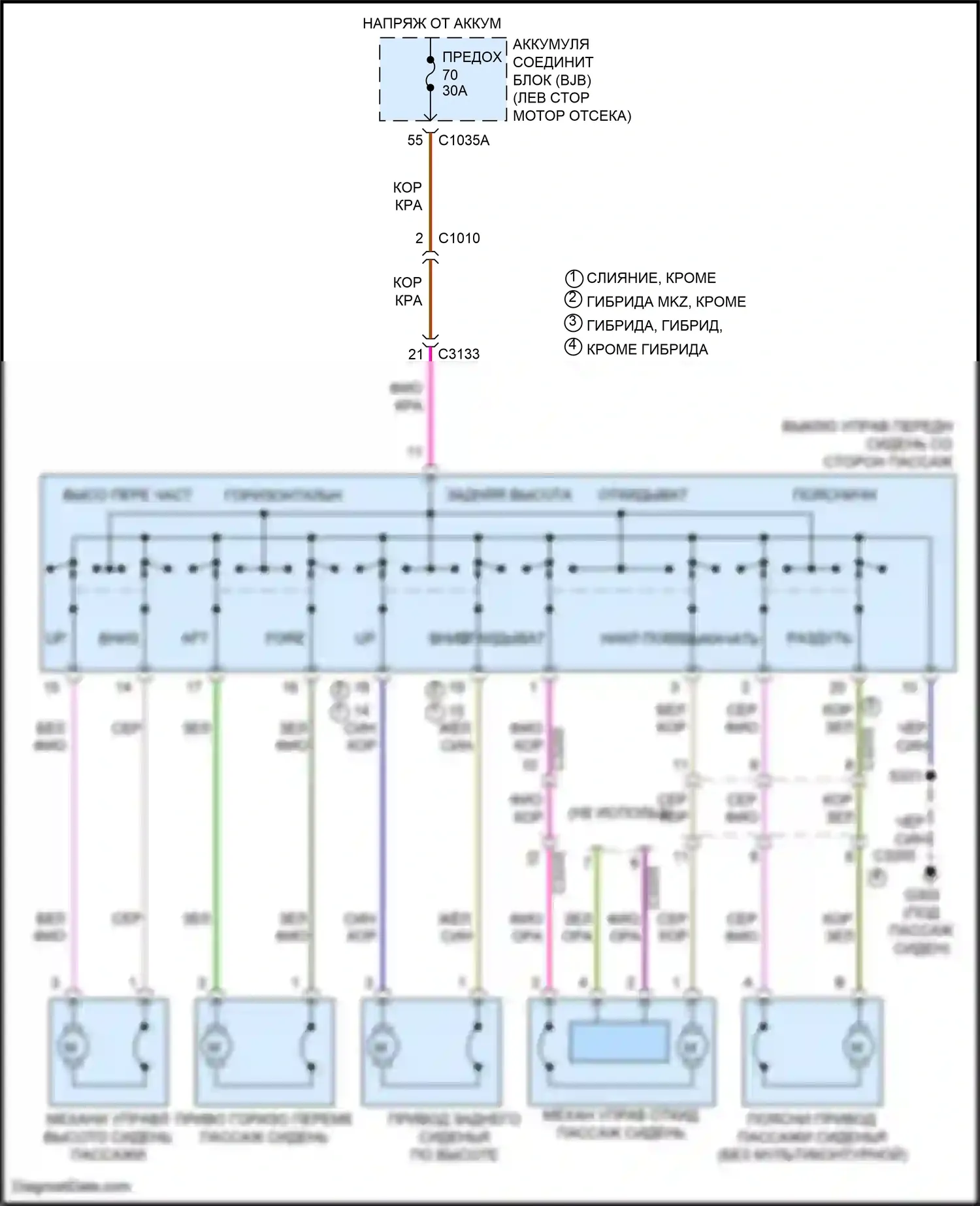 Mondeo Ford V (2014-2019): Электросхема сидений, 10-стороннее пассажирское сиденье 
