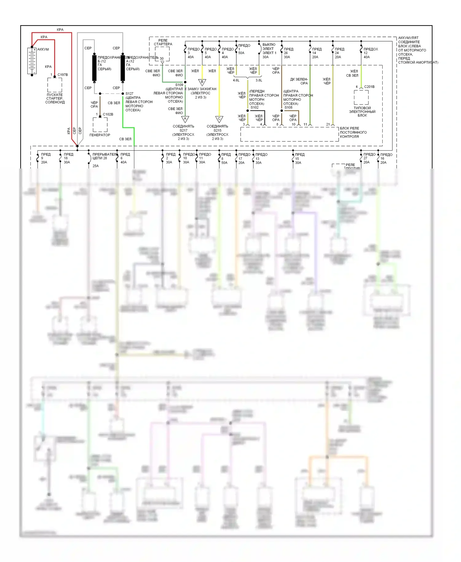 Mustang Ford IV рестайлинг (1998-2004): Электросхема блока предохранителей реле (1 из 3) 