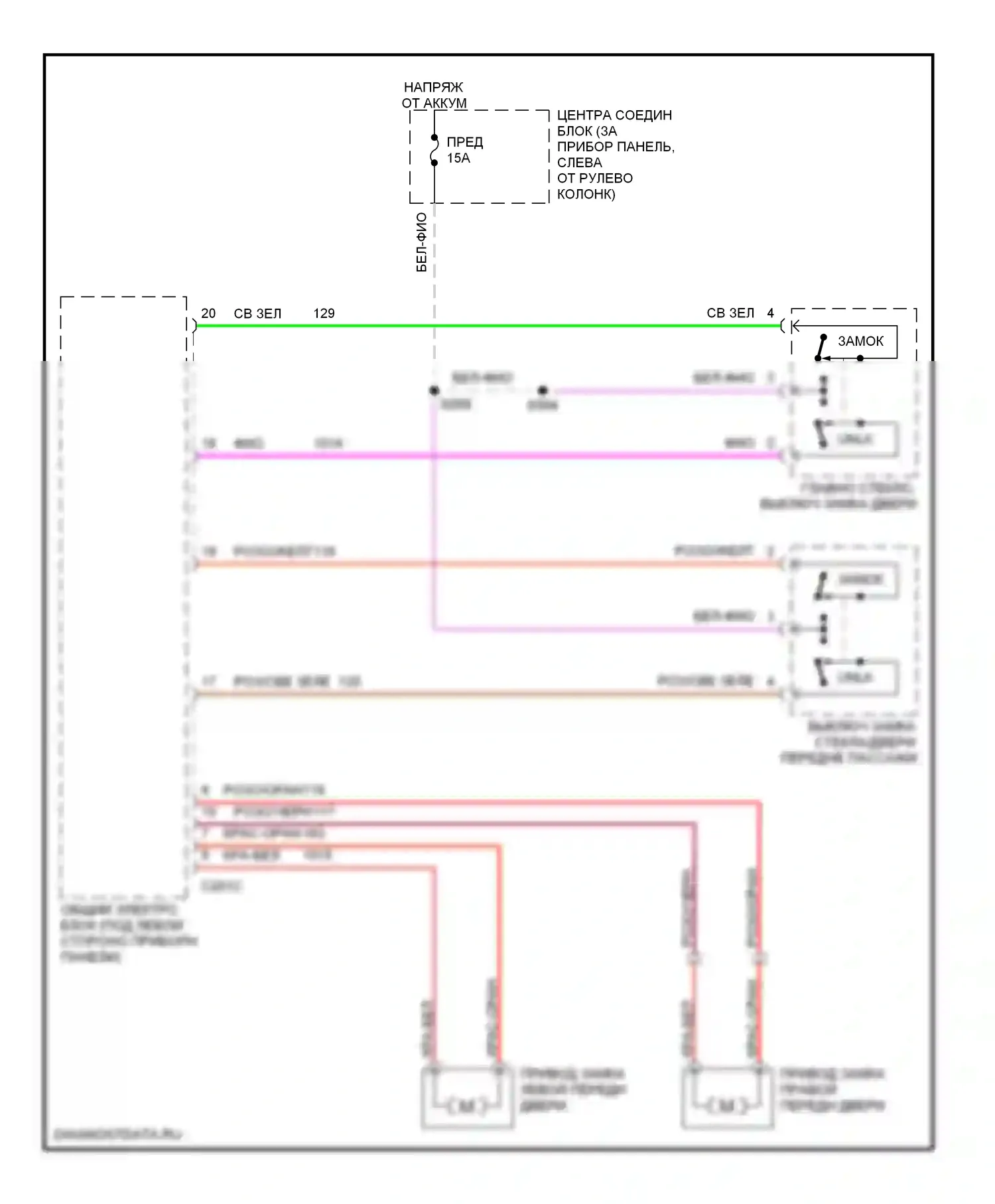 Mustang Ford IV рестайлинг (1998-2004): Электросхема замка двери питания, без бесключевого доступа 