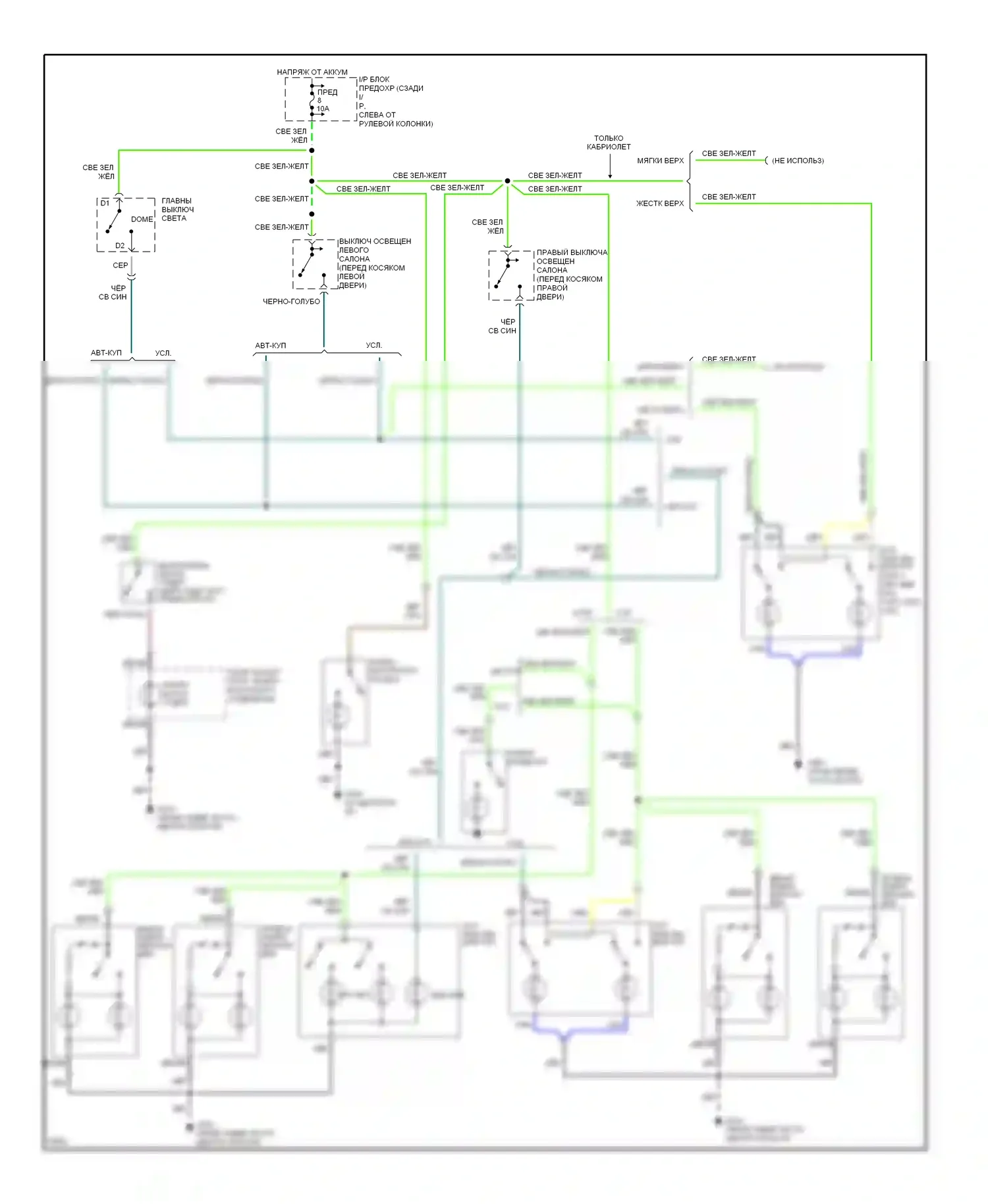 Mustang Ford IV (1993-1998): Электросхема освещения салона, без дистанционного/бесключевого доступа 