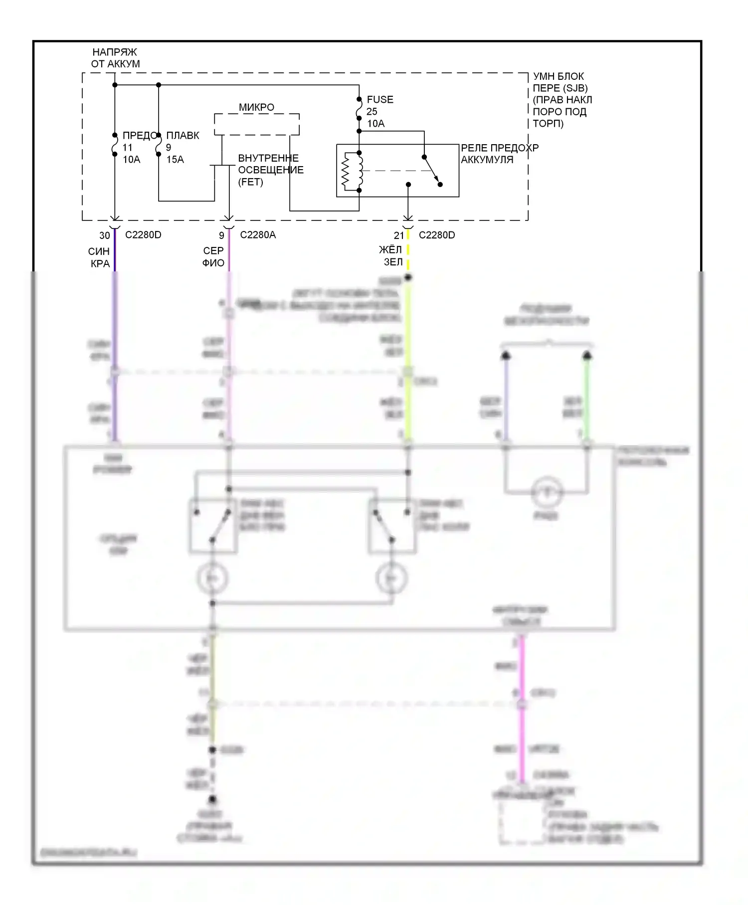 Mustang Ford V рестайлинг (2009-2014): Электросхема потолочного пульта, купе 