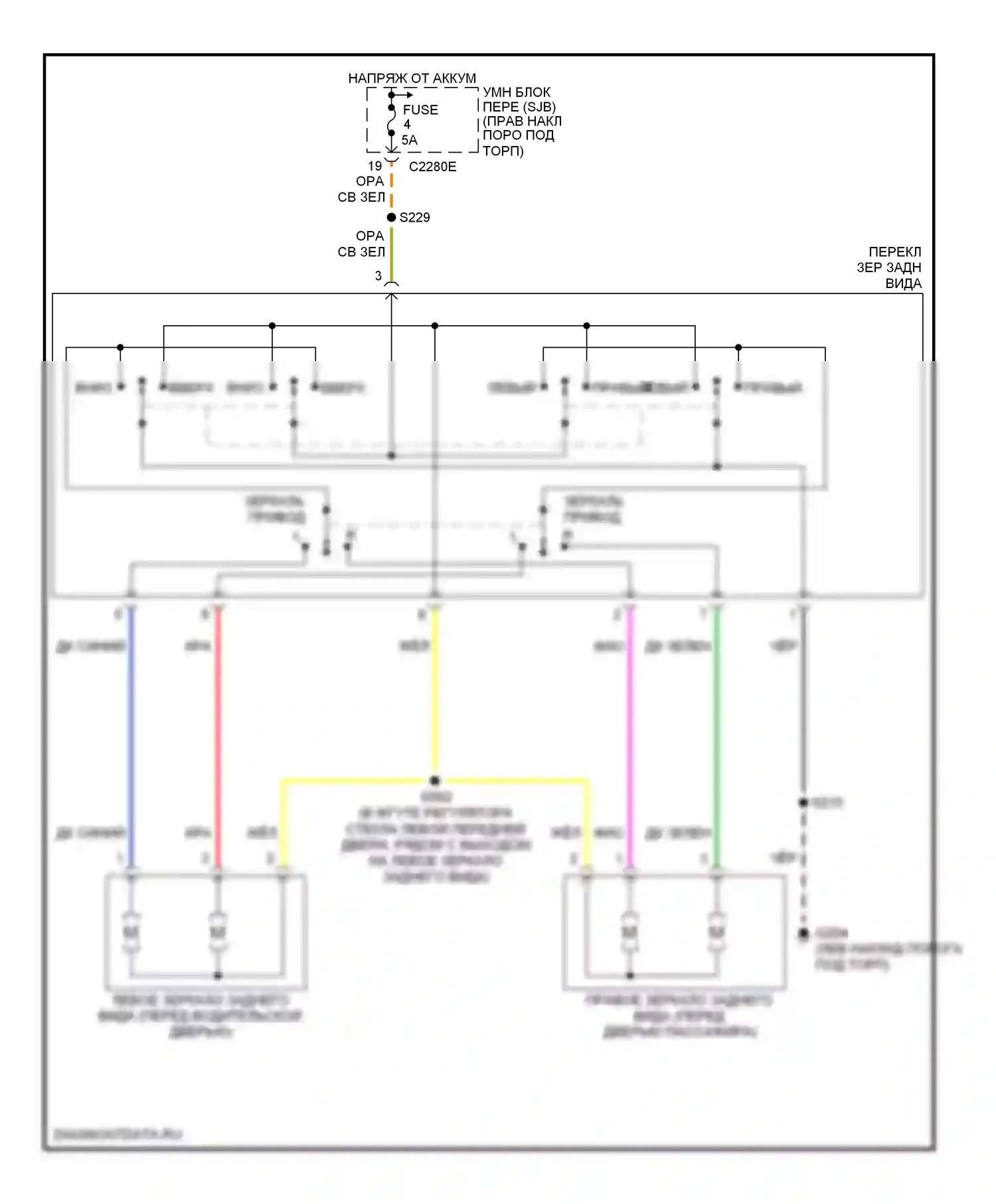 Mustang Ford V (2004-2009): Электросхема управления зеркалами заднего вида 