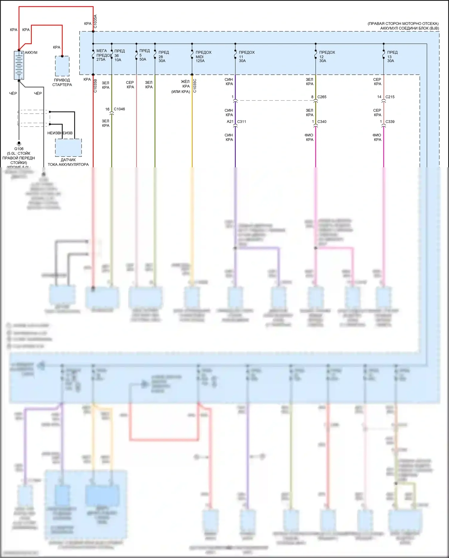 Mustang Ford VI рестайлинг (2017-2023): Электросхема блока предохранителей реле (1 из 8) 