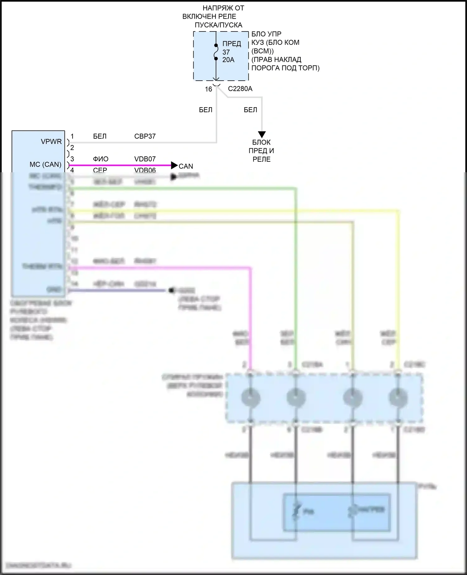 Mustang Ford VI рестайлинг (2017-2023): Электросхема рулевого колеса с подогревом 