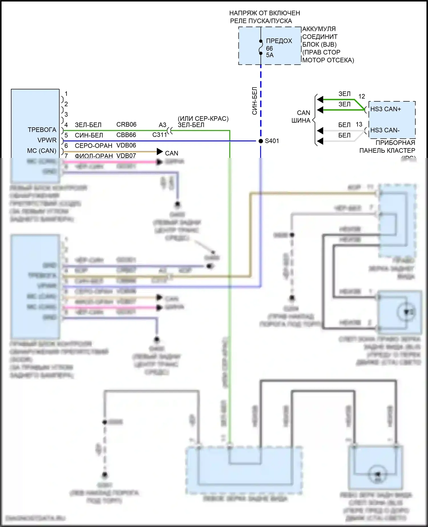 Mustang Ford VI рестайлинг (2017-2023): Электросхема информационной системы в слепой зоне 